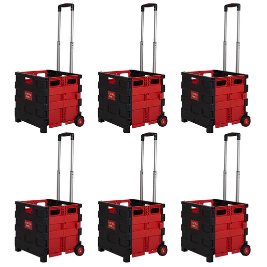 6PCS Collapsible Rolling Crate Transit Utility Cart 55lbs Foldable Grocery Cart with Wheels, Red, Medium