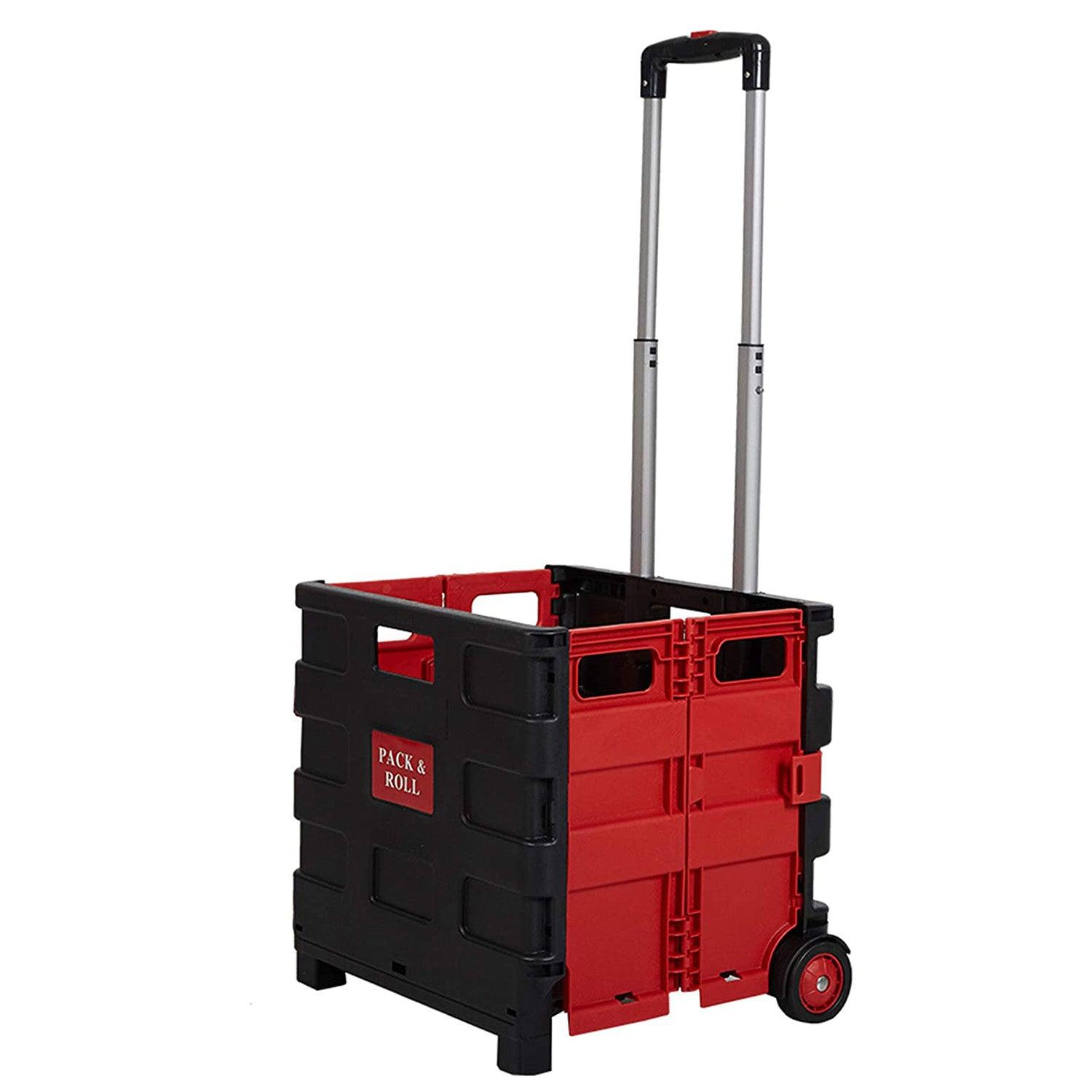 44L Collapsible Rolling Crate Utility Cart Foldable Grocery Cart with Wheels, Red - Luckyermore