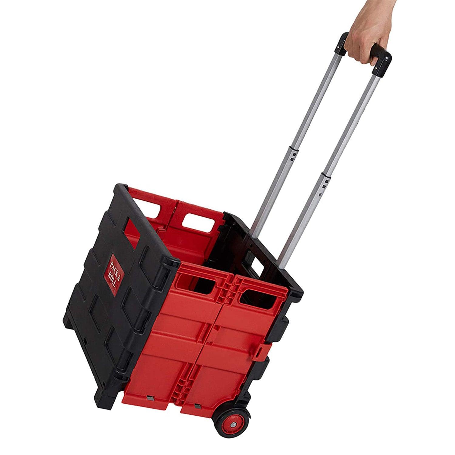 44L Collapsible Rolling Crate Utility Cart Foldable Grocery Cart with Wheels, Red - Luckyermore