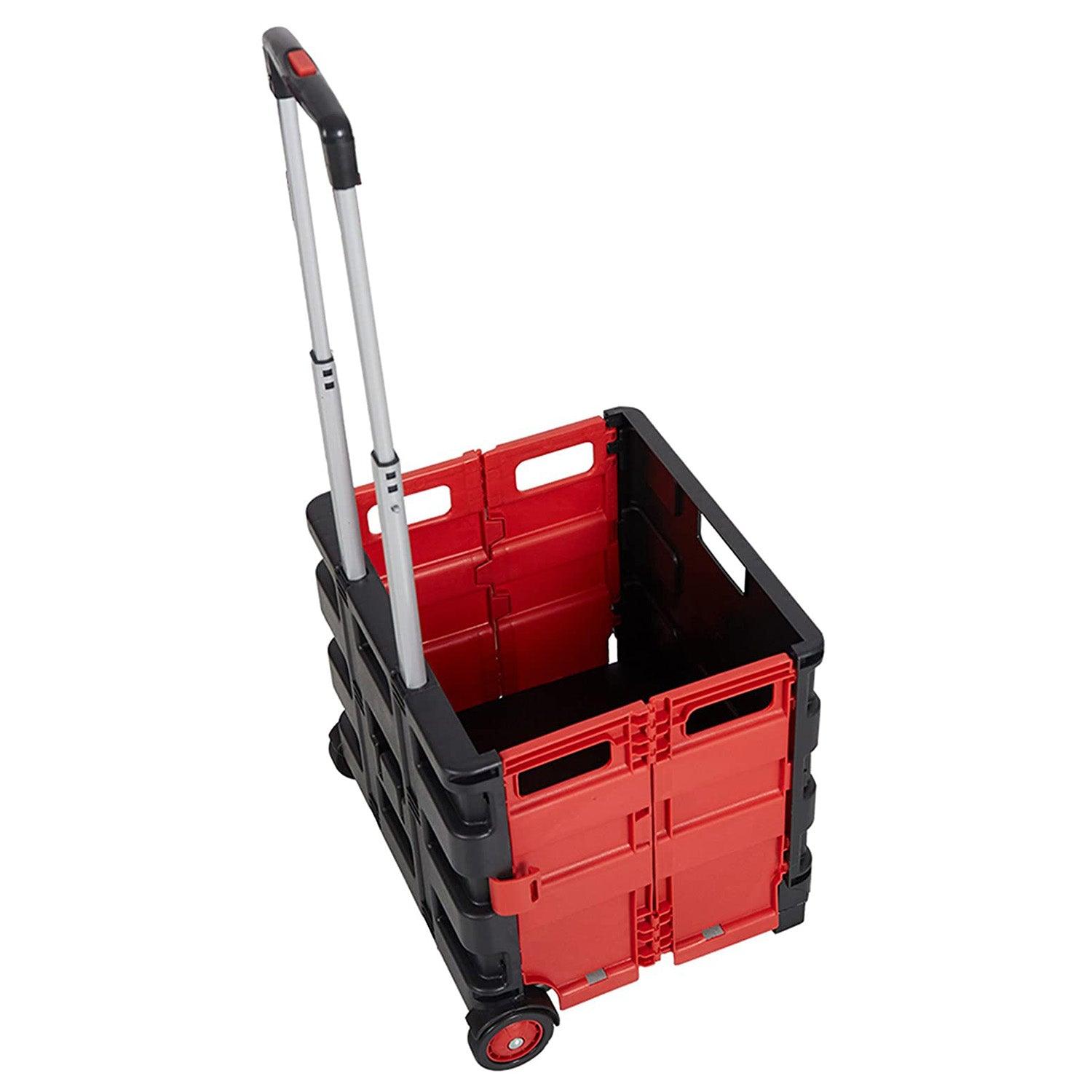 44L Collapsible Rolling Crate Utility Cart Foldable Grocery Cart with Wheels, Red - Luckyermore
