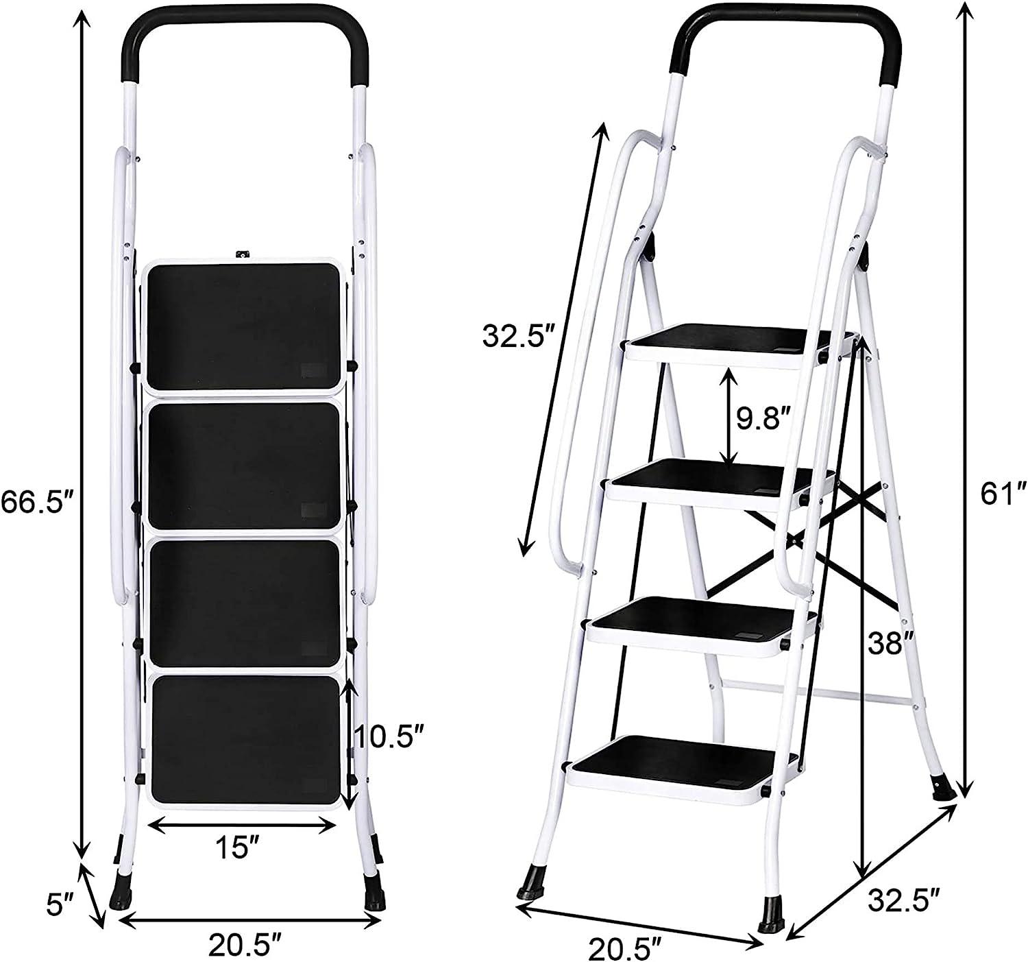 LUCKYERMORE 4 Step Stable Step Ladders with Hand Grips Safety Ladders 330lbs Capacity