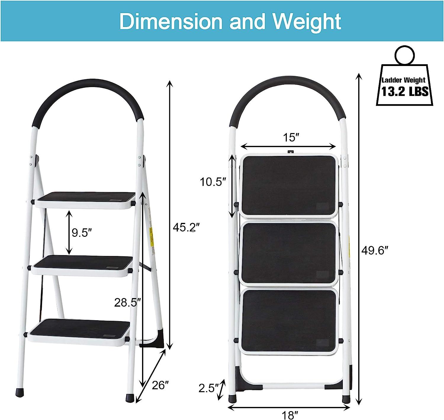 3 Step Stable Folding Step Ladder with Grips Sturdy Step Stool with Wide Pedal, 330 Lbs Capacity - Luckyermore