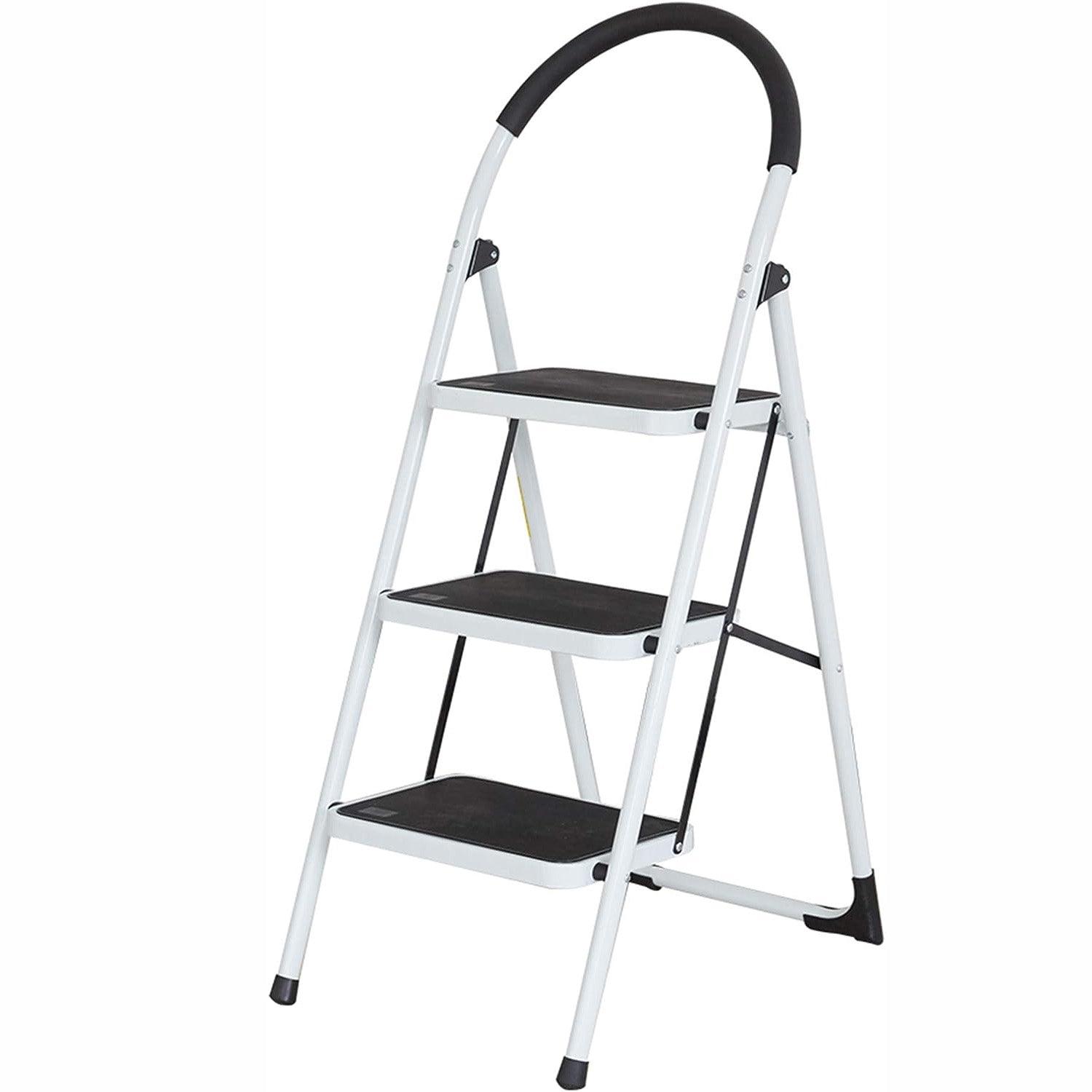 3 Step Stable Folding Step Ladder with Grips Sturdy Step Stool with Wide Pedal, 330 Lbs Capacity - Luckyermore