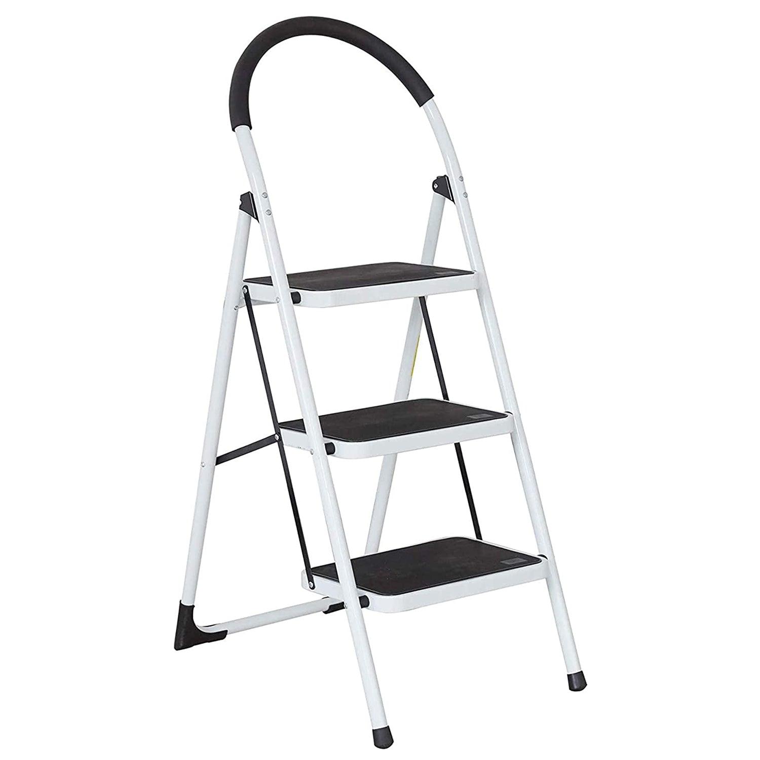 3 Step Stable Folding Step Ladder with Grips Sturdy Step Stool with Wide Pedal, 330 Lbs Capacity - Luckyermore