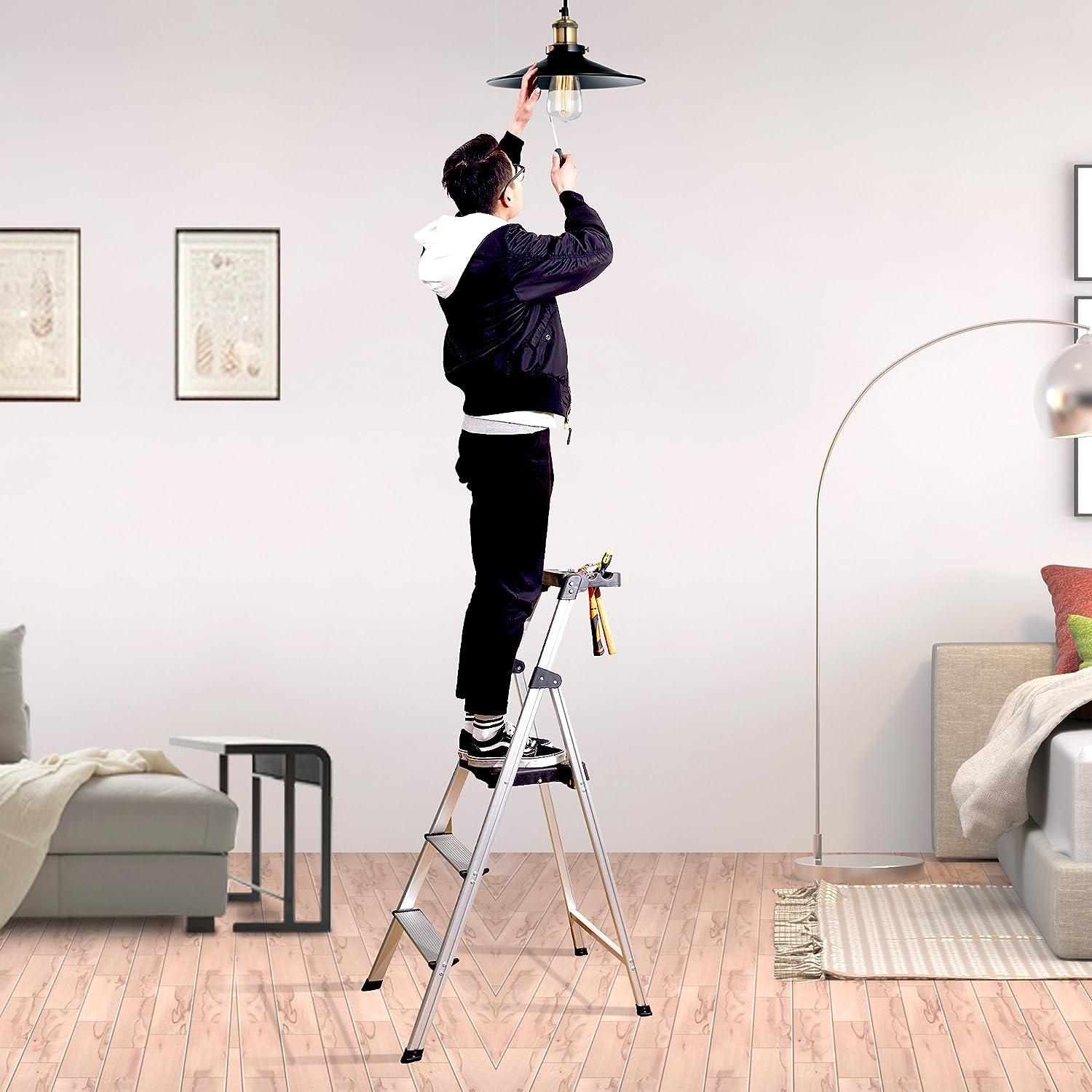 3 Step Folding Step Stool Ladder with Wide Platform Lightweight Aluminum Anti-Slip Step - Luckyermore