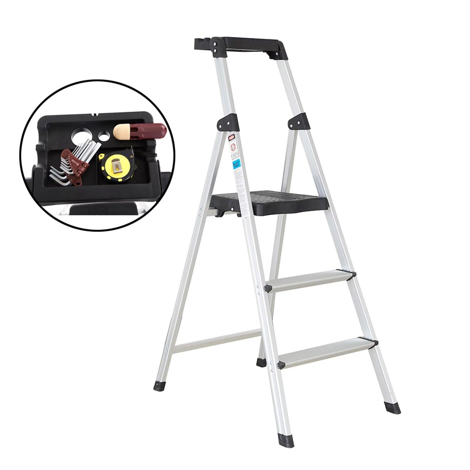 3 Step Folding Step Stool Ladder with Wide Platform Lightweight Aluminum Anti-Slip Step - Luckyermore