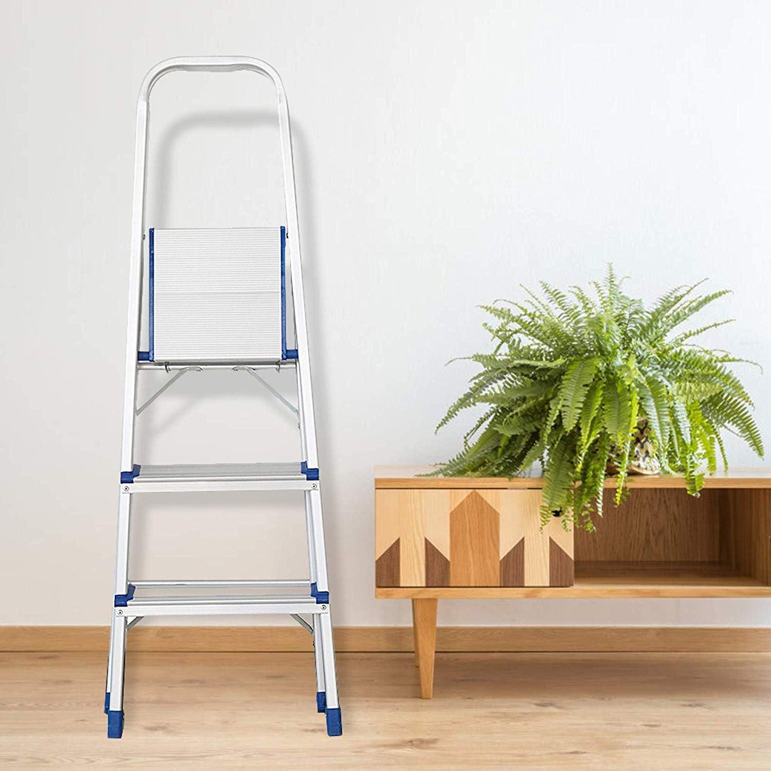 3 Step Ultra Lightweight Step Ladder 330lbs Capacity Aluminum Folding Stool Home Kitchen - Luckyermore