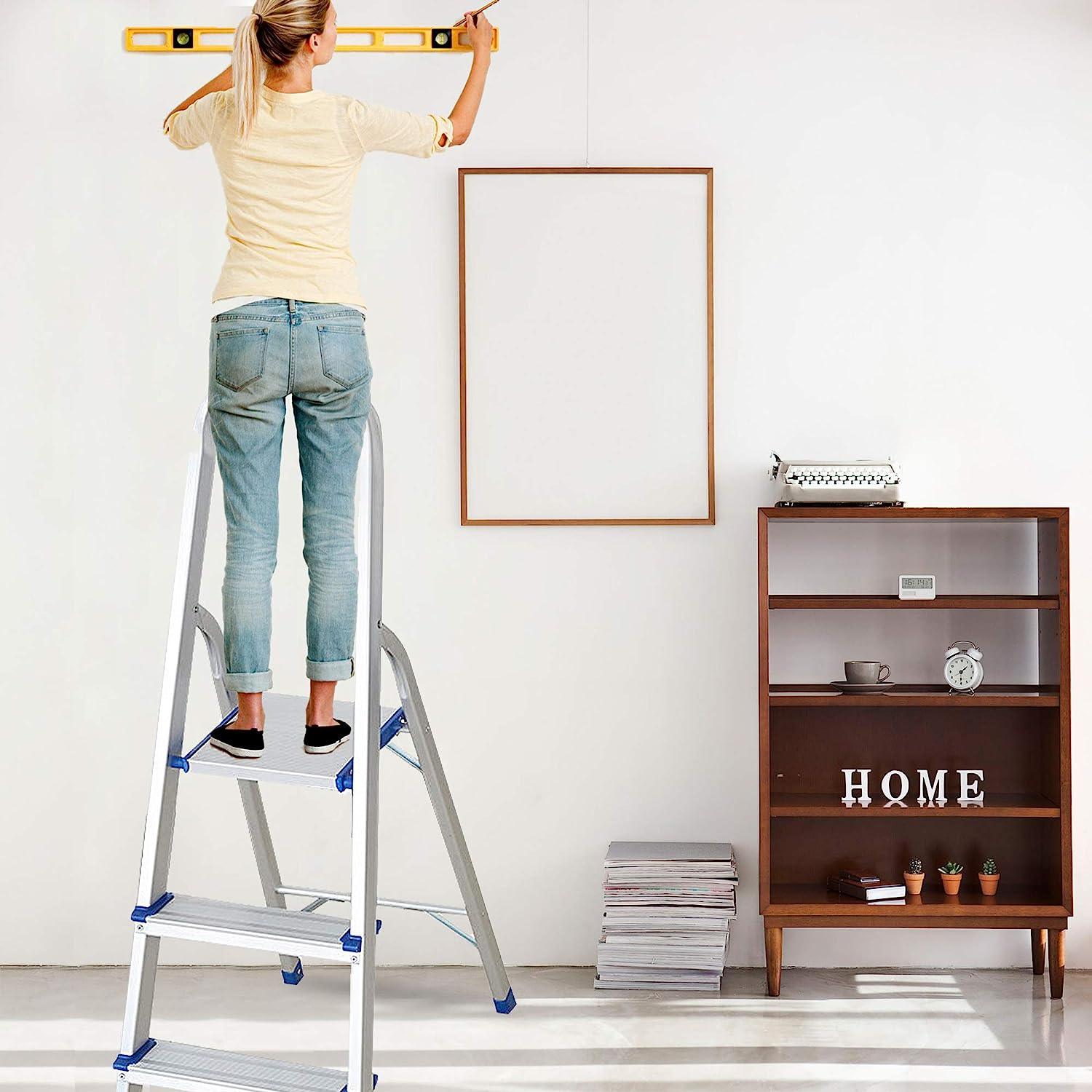 3 Step Ultra Lightweight Step Ladder 330lbs Capacity Aluminum Folding Stool Home Kitchen - Luckyermore