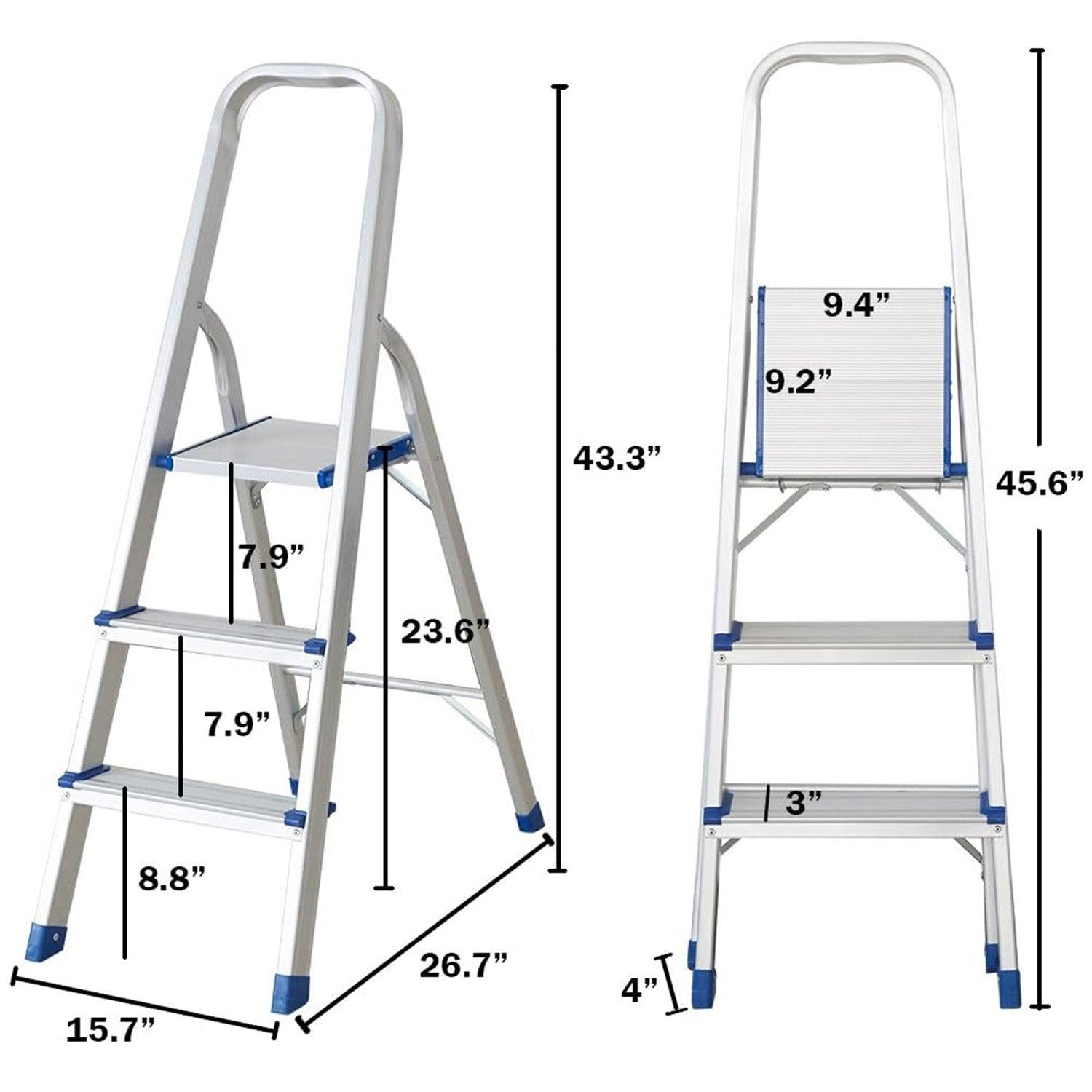 3 Step Ultra Lightweight Step Ladder 330lbs Capacity Aluminum Folding Stool Home Kitchen - Luckyermore