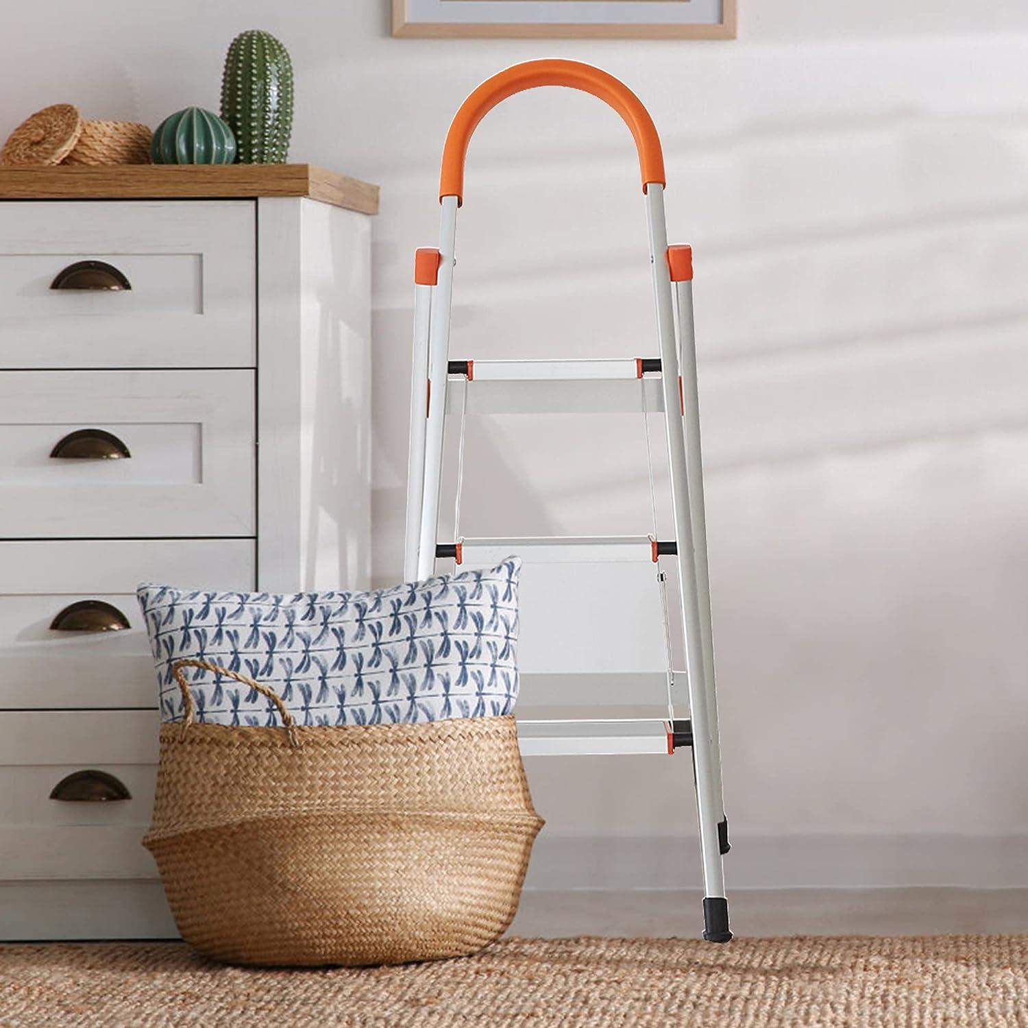 3 Step Portable Step Ladder Sturdy Aluminum Step Stool with Rubber Handgrip - Luckyermore