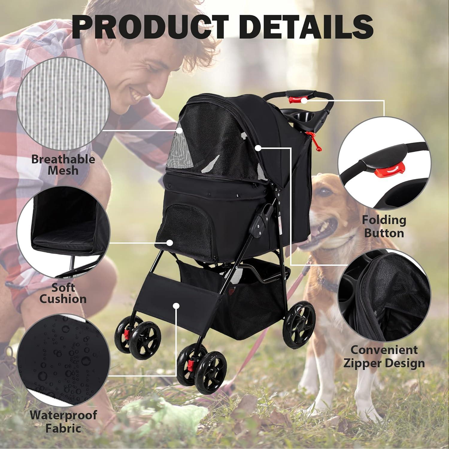 LUCKYERMORE Dog Pet Jogger Stroller Folding Travel Carrier Cart for Small Cat Puppy, 4 Wheels, Black