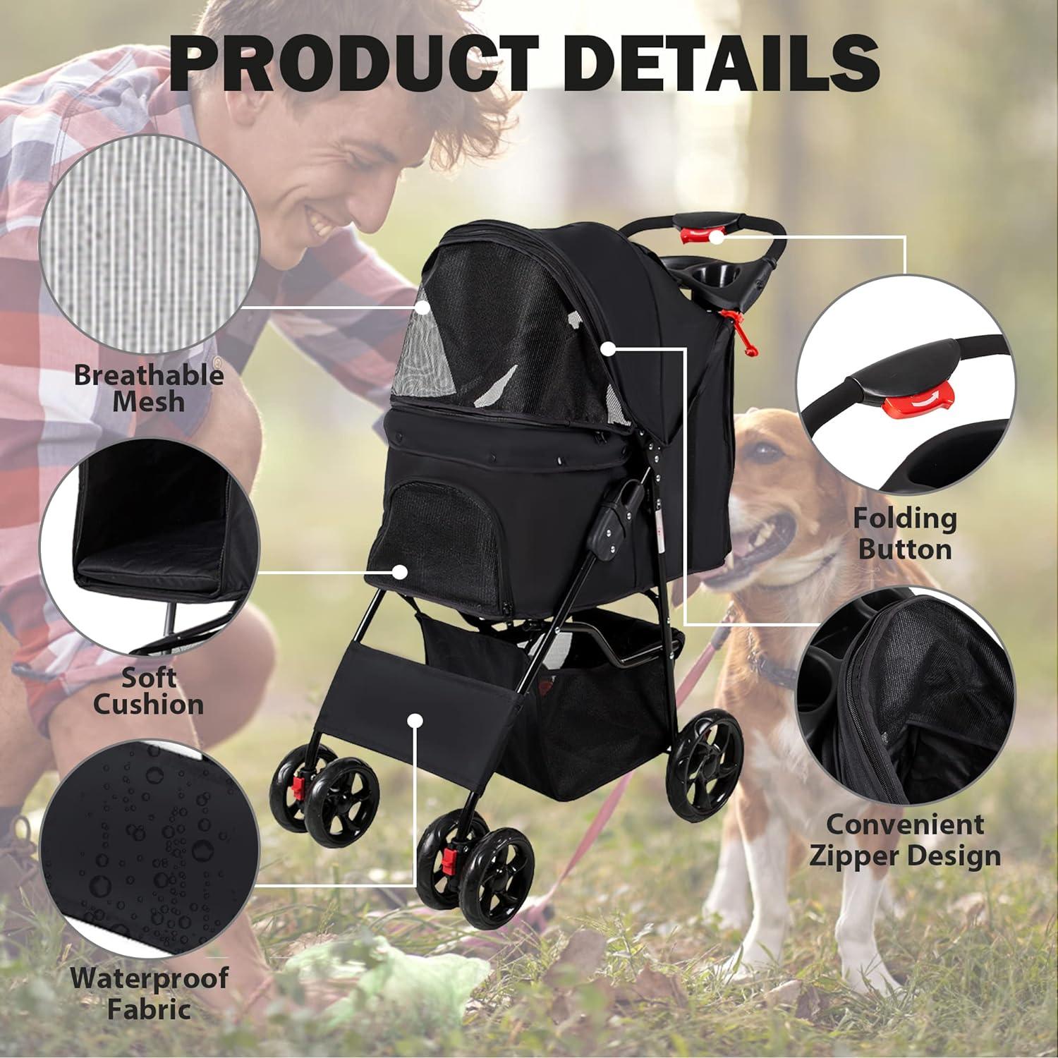 Dog Pet Jogger Stroller Folding Travel Carrier Cart for Small Cat Puppy, 4 Wheels, Black