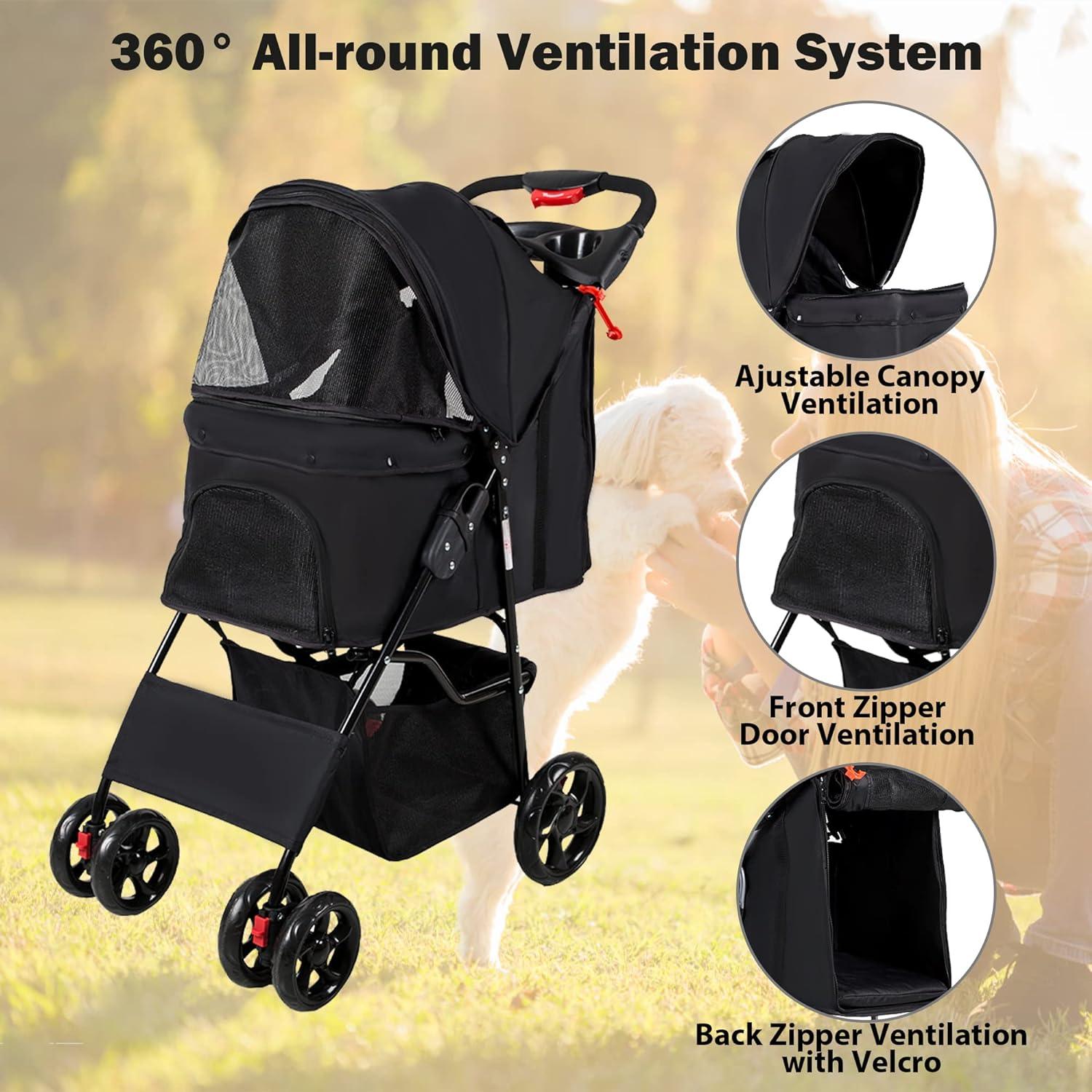 Dog Pet Jogger Stroller Folding Travel Carrier Cart for Small Cat Puppy, 4 Wheels, Black