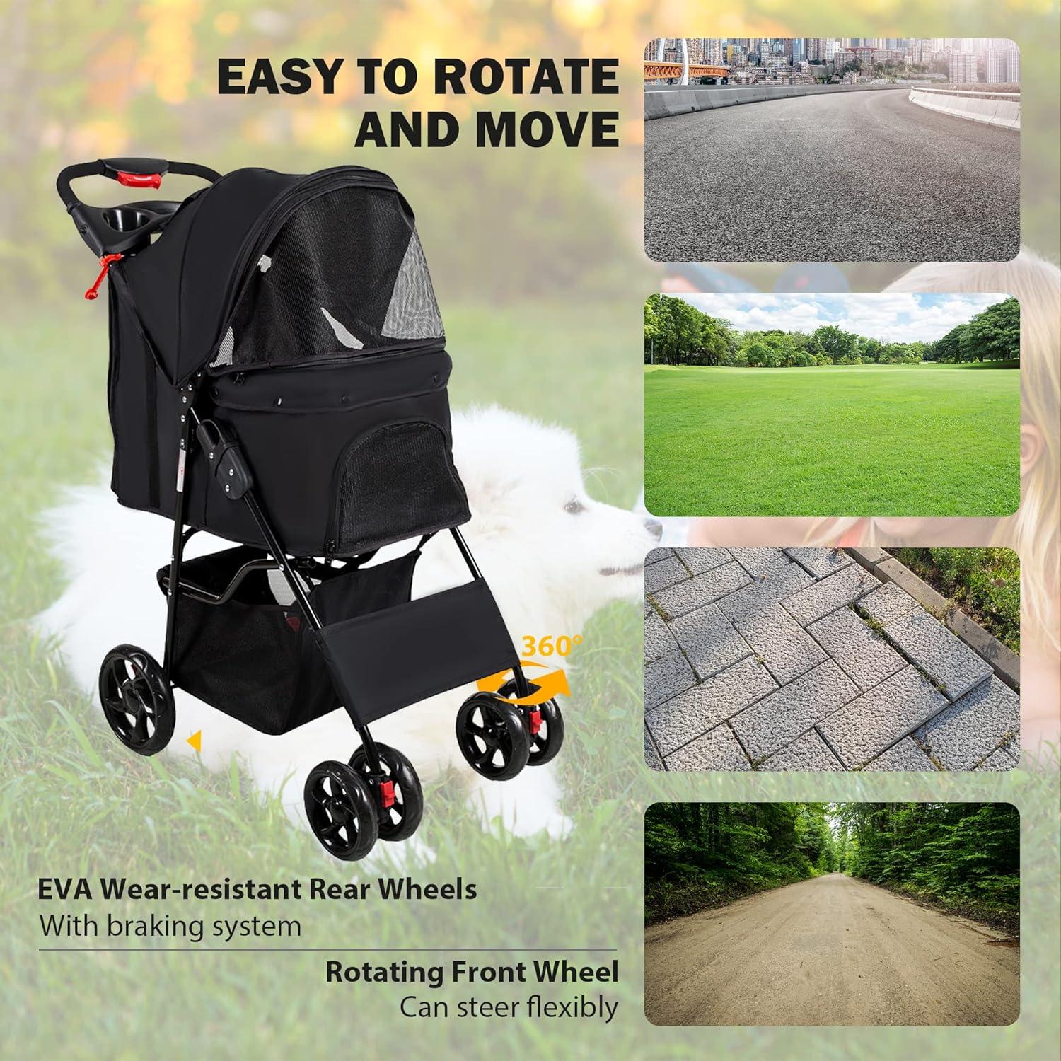 LUCKYERMORE Dog Pet Jogger Stroller Folding Travel Carrier Cart for Small Cat Puppy, 4 Wheels, Black