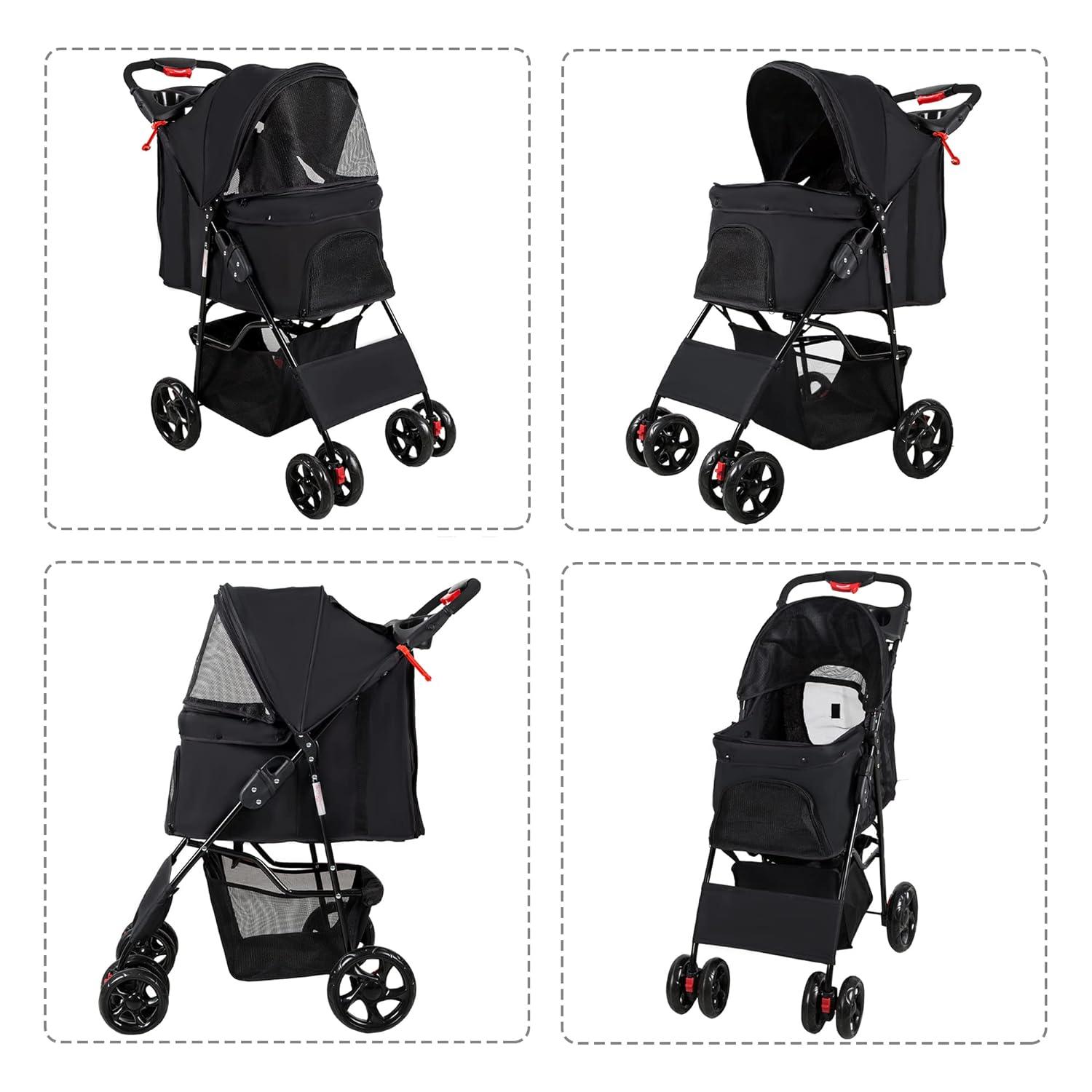 LUCKYERMORE Dog Pet Jogger Stroller Folding Travel Carrier Cart for Small Cat Puppy, 4 Wheels, Black