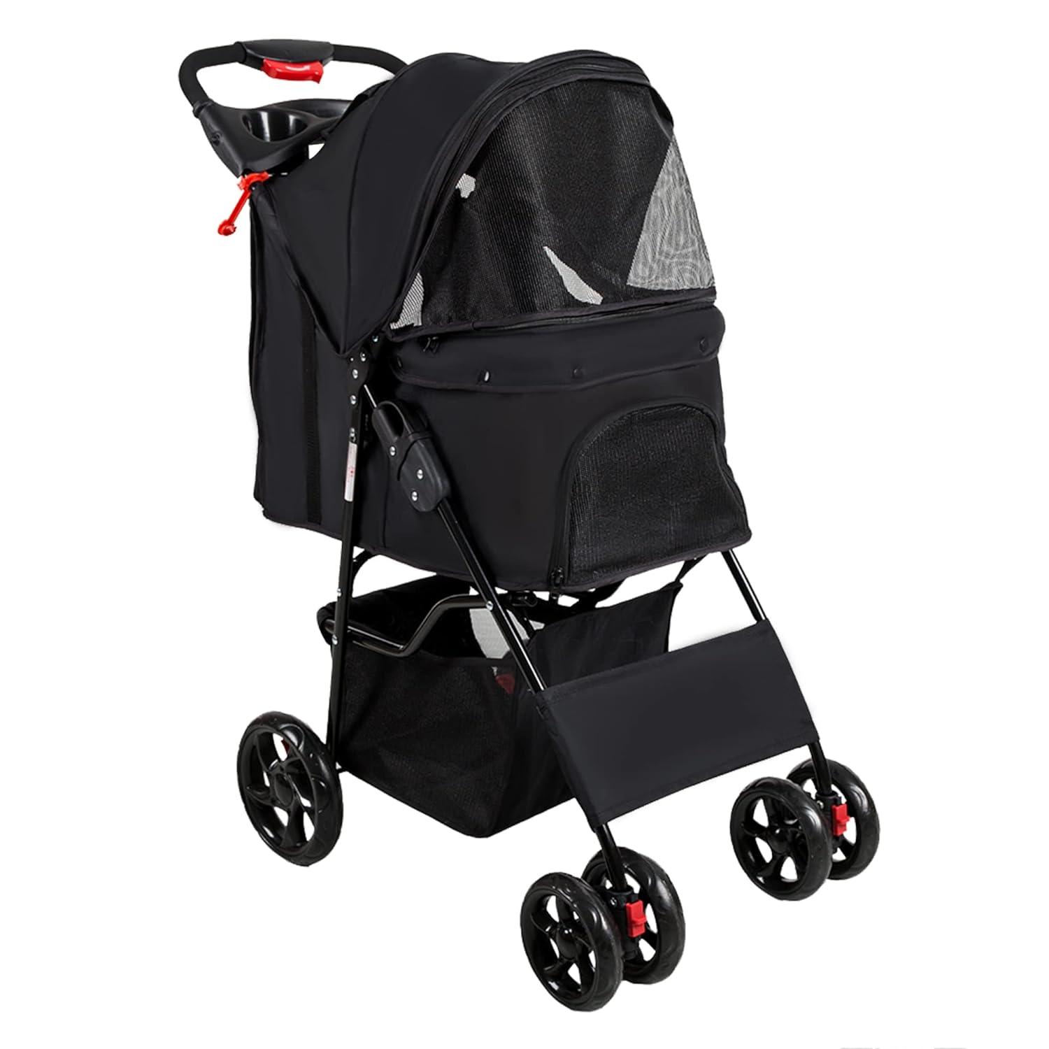 Dog Pet Jogger Stroller Folding Travel Carrier Cart for Small Cat Puppy, 4 Wheels, Black