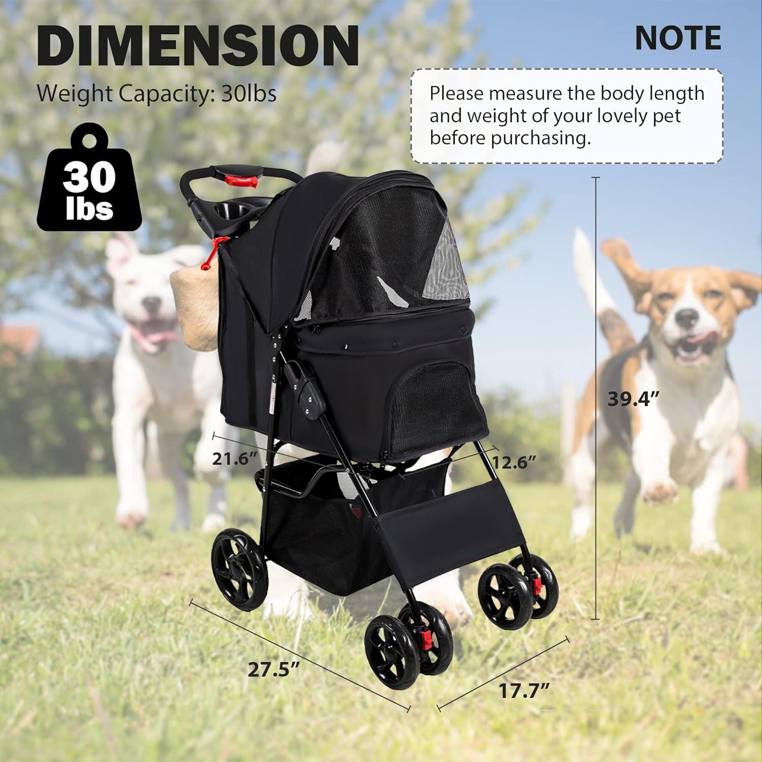 LUCKYERMORE Dog Pet Jogger Stroller Folding Travel Carrier Cart for Small Cat Puppy, 4 Wheels, Black