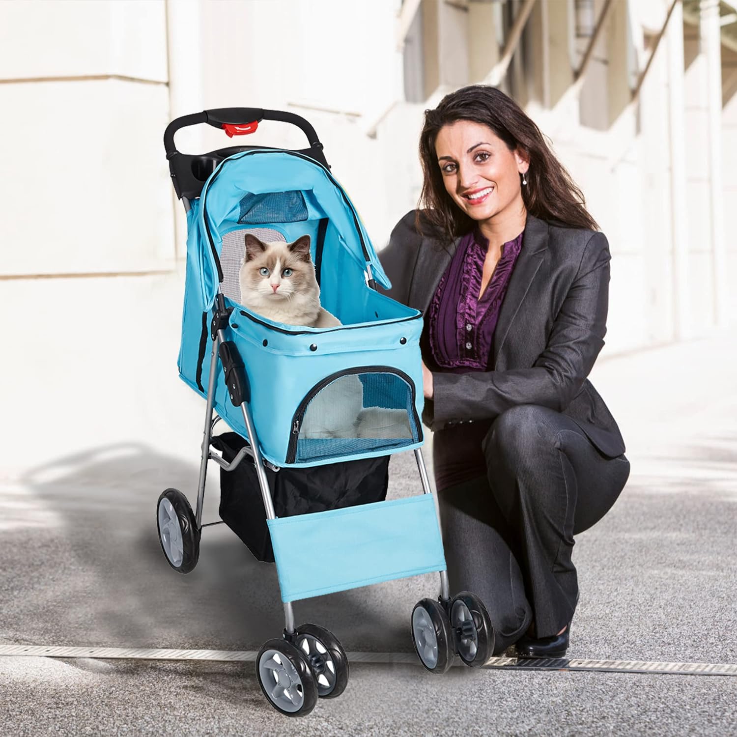 Dog Pet Jogger Stroller Folding Travel Carrier Cart for Small Cat Puppy, 4 Wheels, Blue