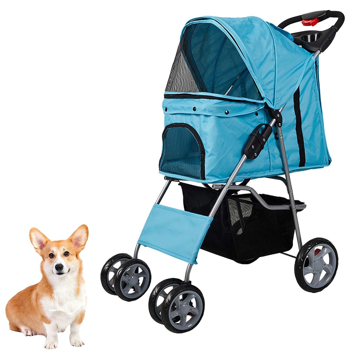 Dog Pet Jogger Stroller Folding Travel Carrier Cart for Small Cat Puppy, 4 Wheels, Blue
