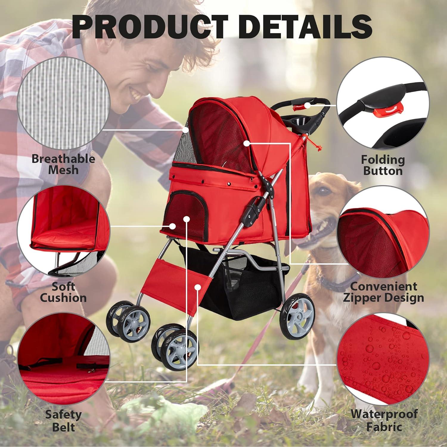 Dog Pet Jogger Stroller Folding Travel Carrier Cart for Small Cat Puppy, 4 Wheels, Red