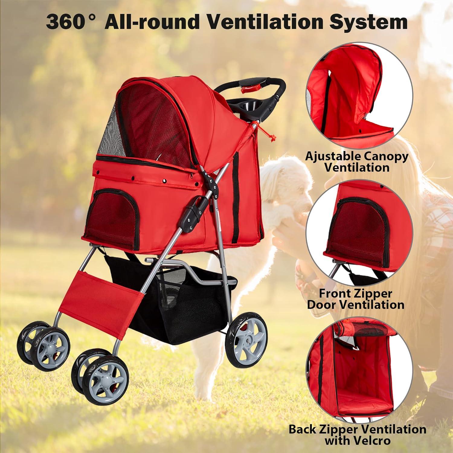 Dog Pet Jogger Stroller Folding Travel Carrier Cart for Small Cat Puppy, 4 Wheels, Red