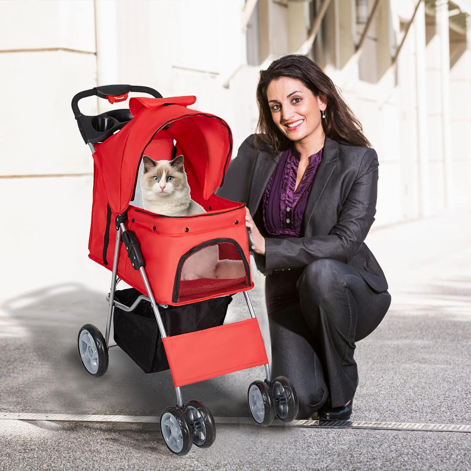 Dog Pet Jogger Stroller Folding Travel Carrier Cart for Small Cat Puppy, 4 Wheels, Red