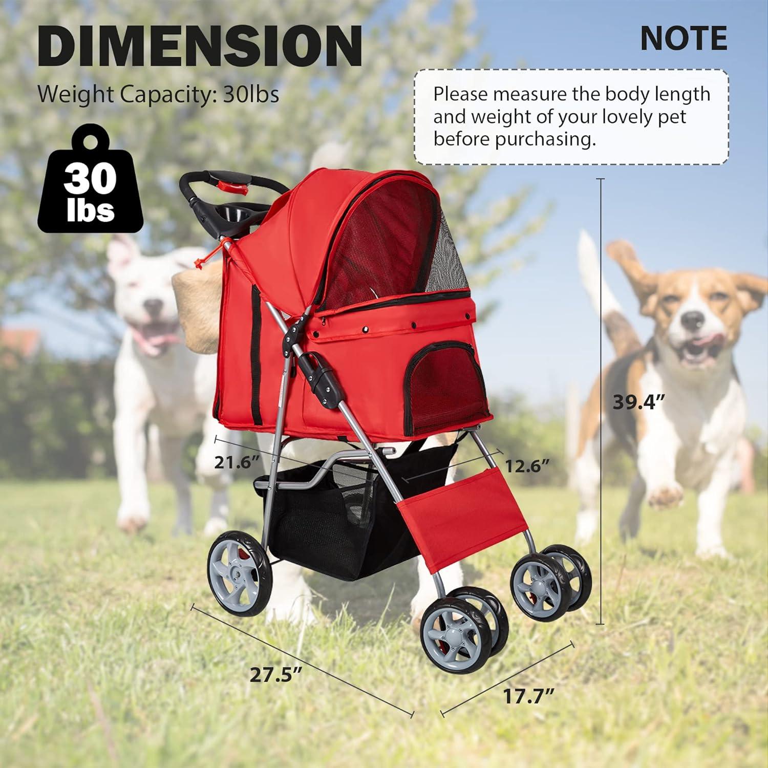 Dog Pet Jogger Stroller Folding Travel Carrier Cart for Small Cat Puppy, 4 Wheels, Red