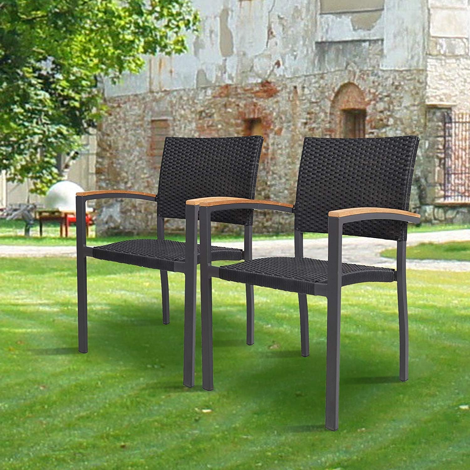 Set of 4 Patio Stackable Wicker Dining Chairs Outdoor Wicker Chairs with PE Rattan Aluminum Frame, Black