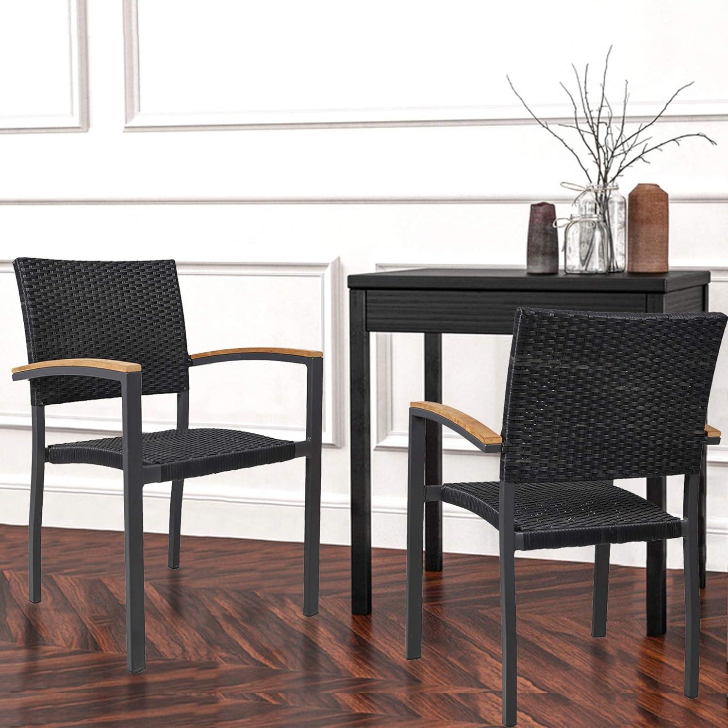LUCKYERMORE Set of 4 Patio Stackable Wicker Dining Chairs Outdoor Wicker Chairs with PE Rattan Aluminum Frame, Black
