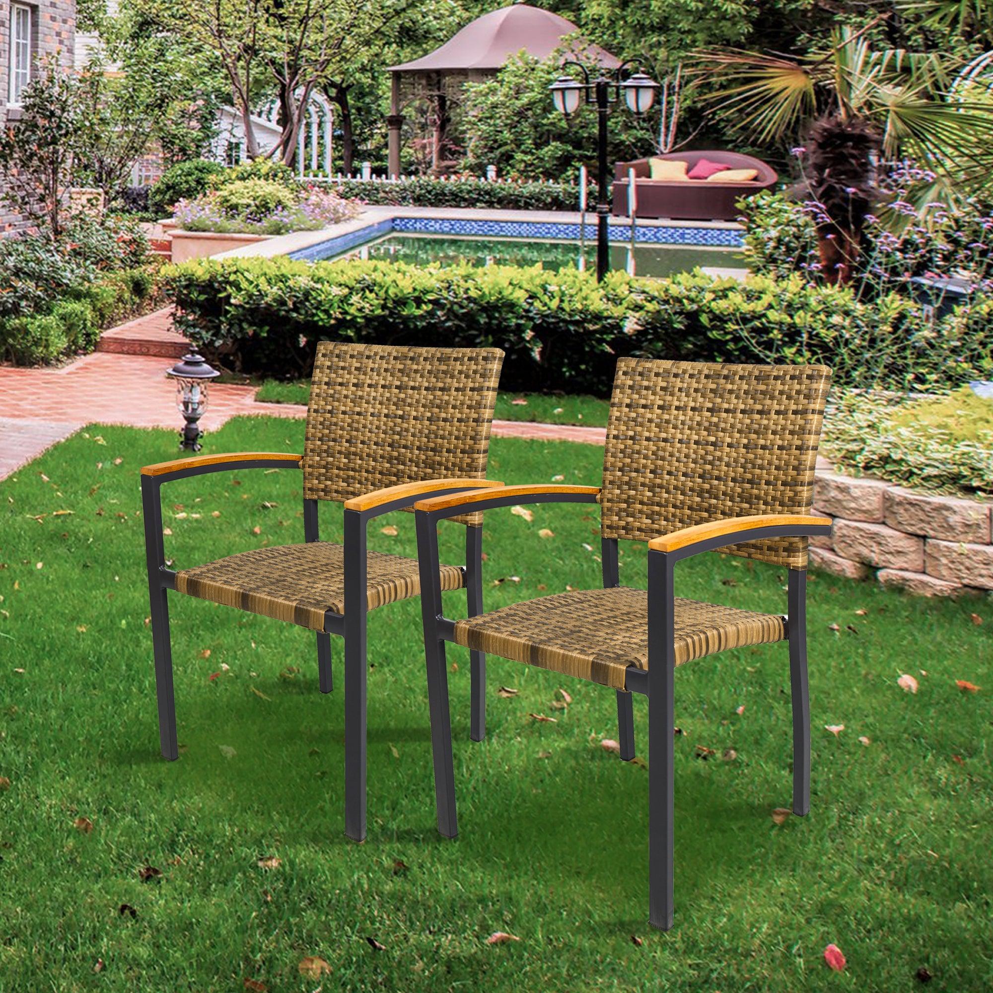 LUCKYERMORE Set of 4 Patio Stackable Wicker Dining Chairs Outdoor Wicker Chairs with PE Rattan Aluminum Frame, Light Brown