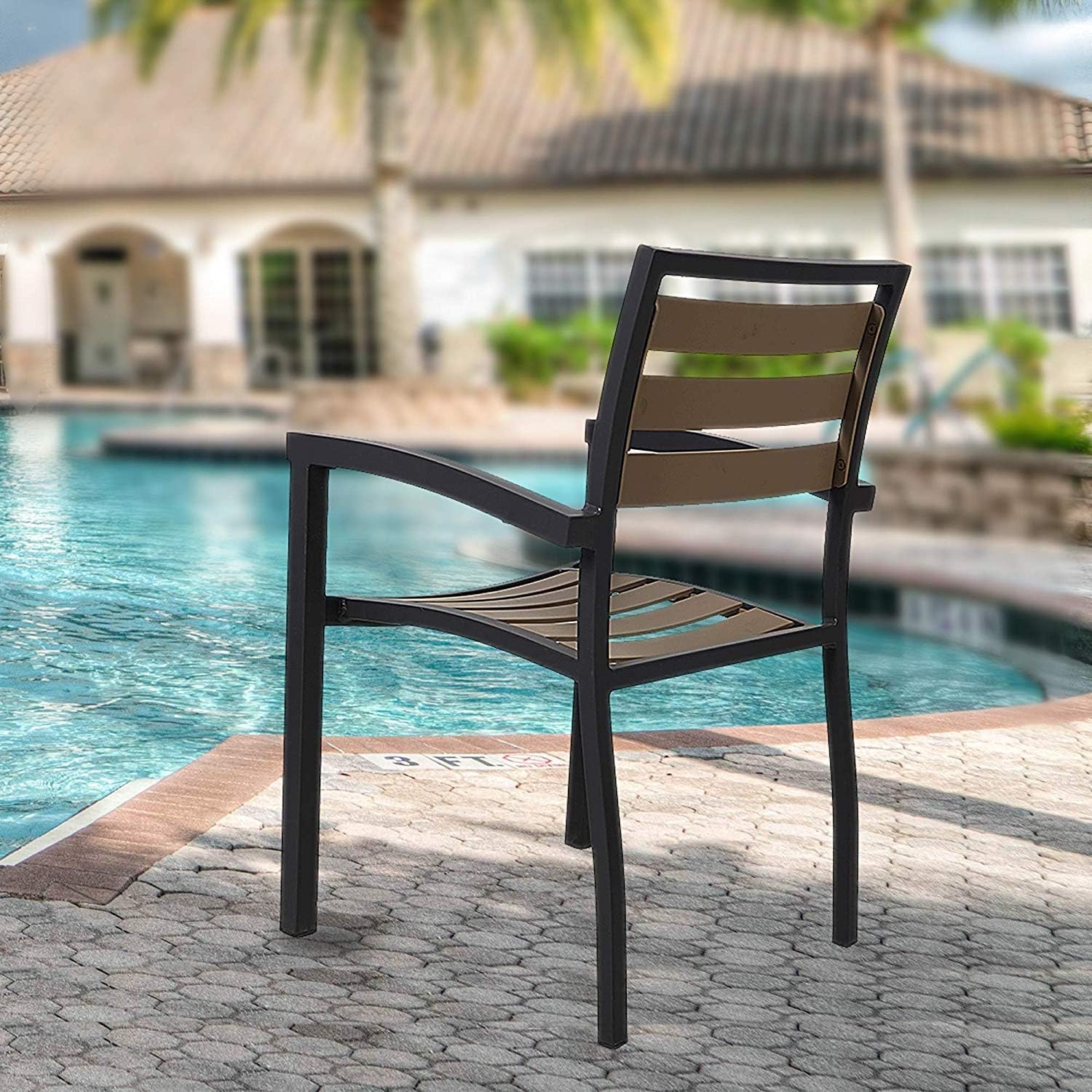 Set of 4 Patio Chairs with Armrest Aluminum Frame Outdoor Dining Chair Stackable Armchair
