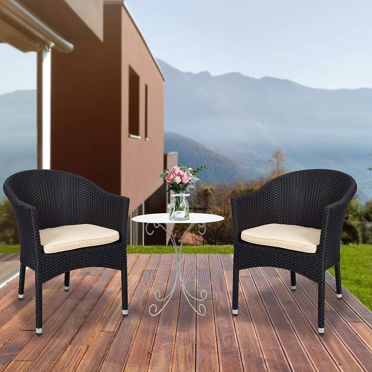 LUCKYERMORE Patio Rattan Chair Stackable Coffee Dining Wicker Chair with Cushions & Arm, Black