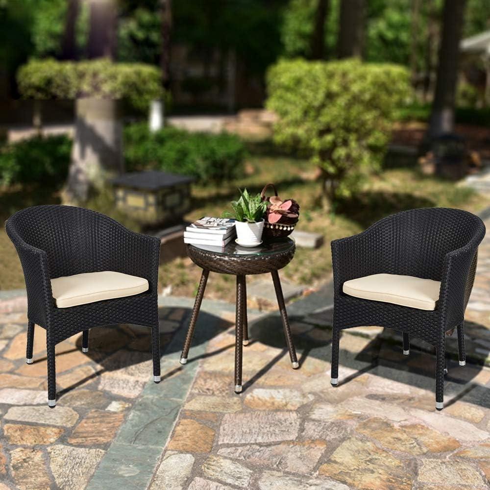 LUCKYERMORE Patio Rattan Chair Stackable Coffee Dining Wicker Chair with Cushions & Arm, Black