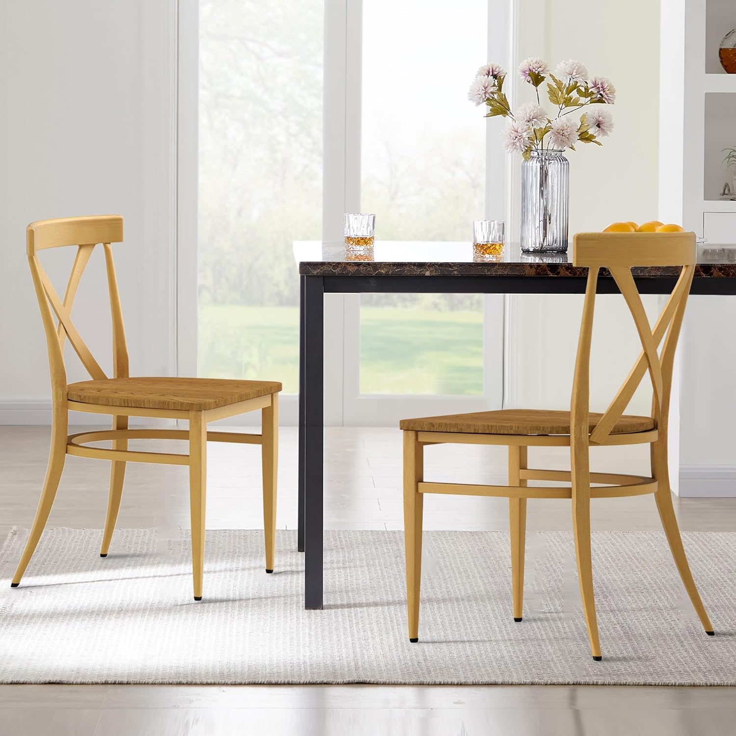 Set of 2 Dining Side Chairs Solid Wood Chair Heavy Duty Metal Frame, X Back Yellow