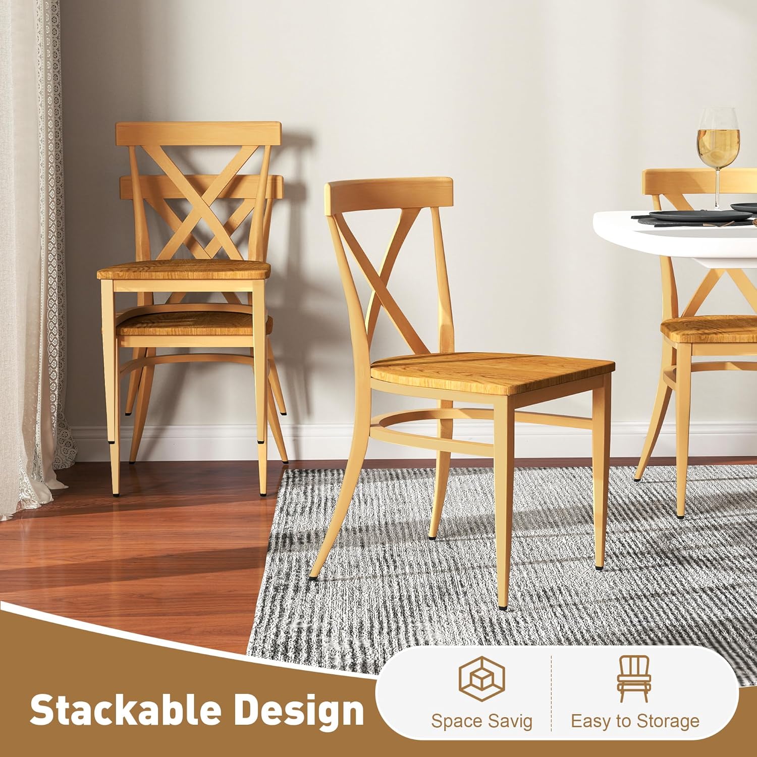 Set of 2 Dining Side Chairs Solid Wood Chair Heavy Duty Metal Frame, X Back Yellow