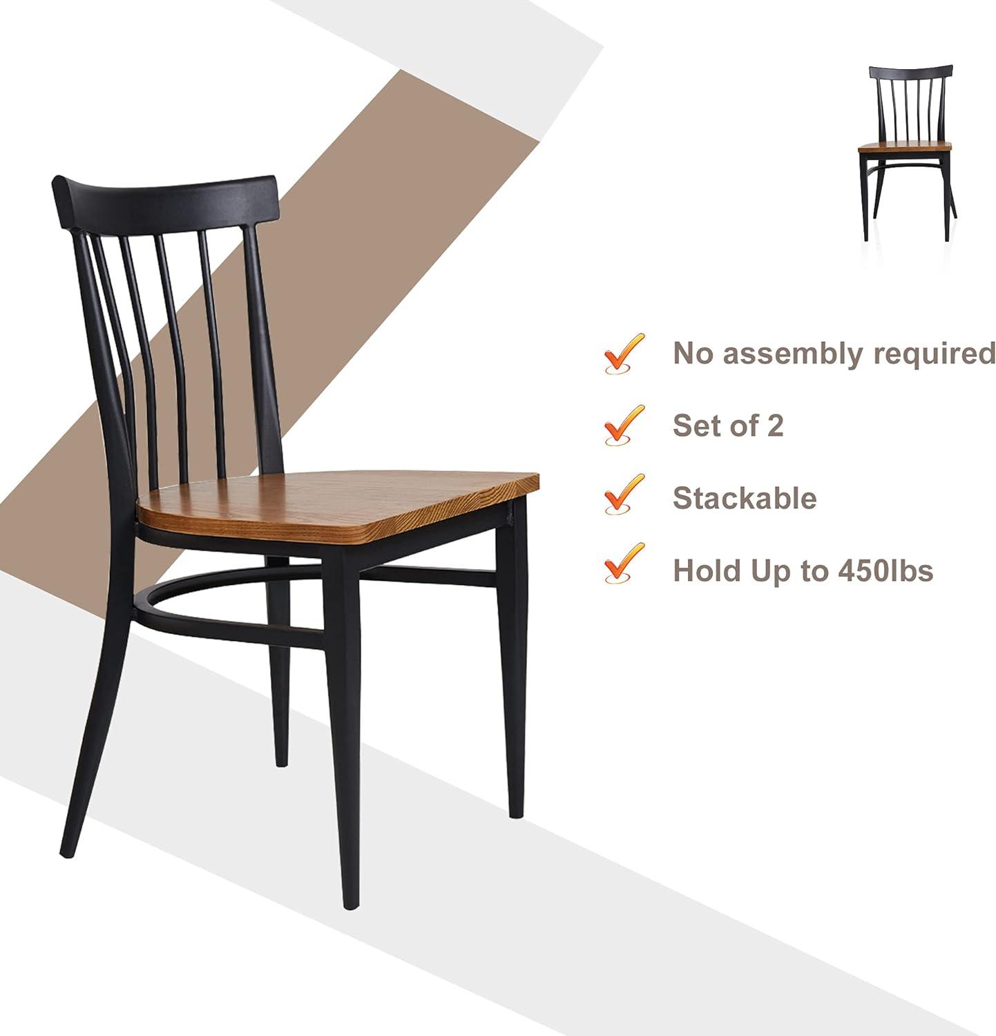 LUCKYERMORE Set of 2 Dining Side Chairs Natural Wood Seat Iron Frame Kitchen Chairs, Comb Back, Black