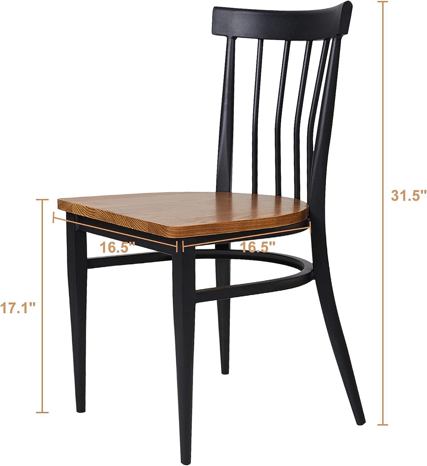 LUCKYERMORE Set of 2 Dining Side Chairs Natural Wood Seat Iron Frame Simple Kitchen Restaurant Chairs, Comb Back