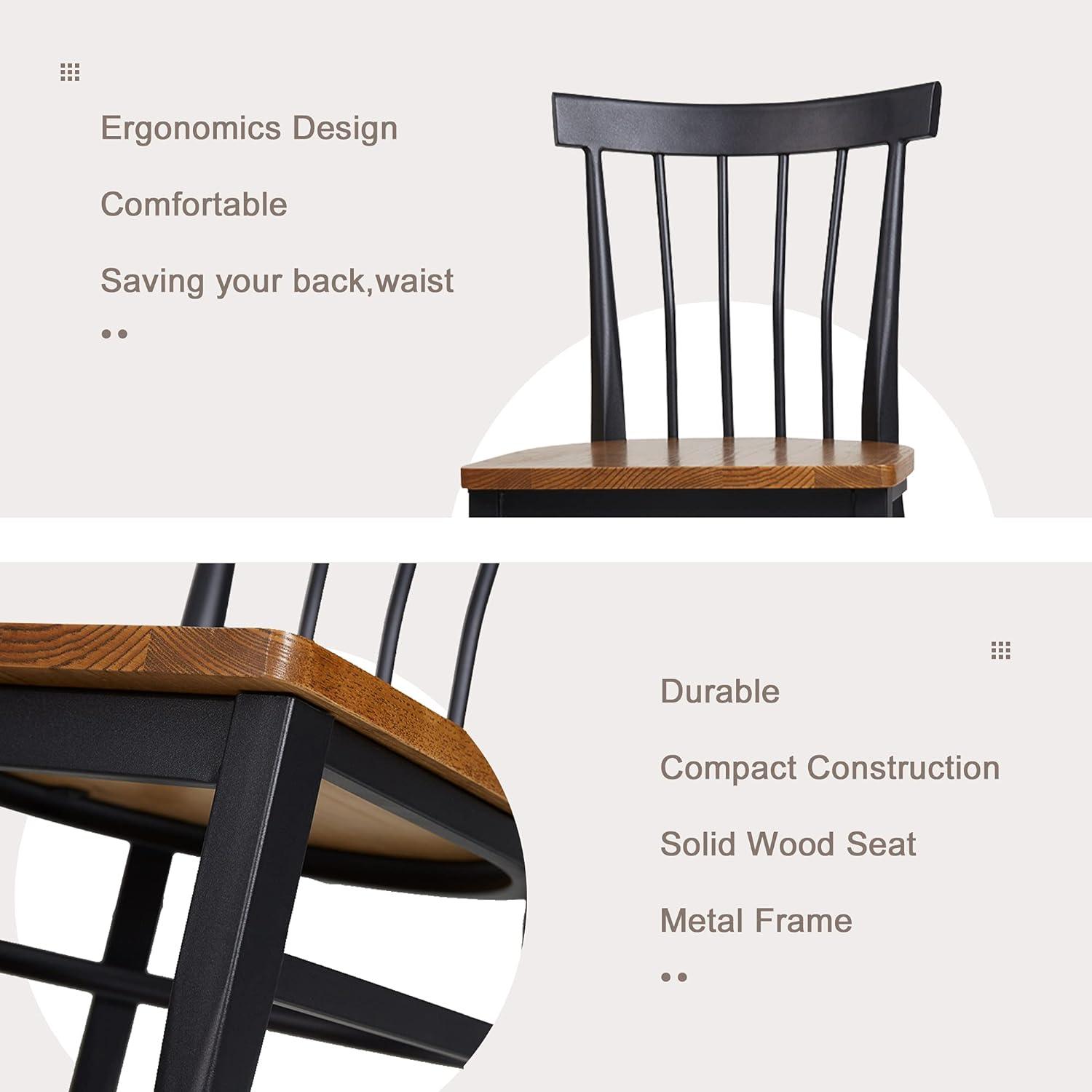 LUCKYERMORE Set of 2 Dining Side Chairs Natural Wood Seat Iron Frame Kitchen Chairs, Comb Back, Black