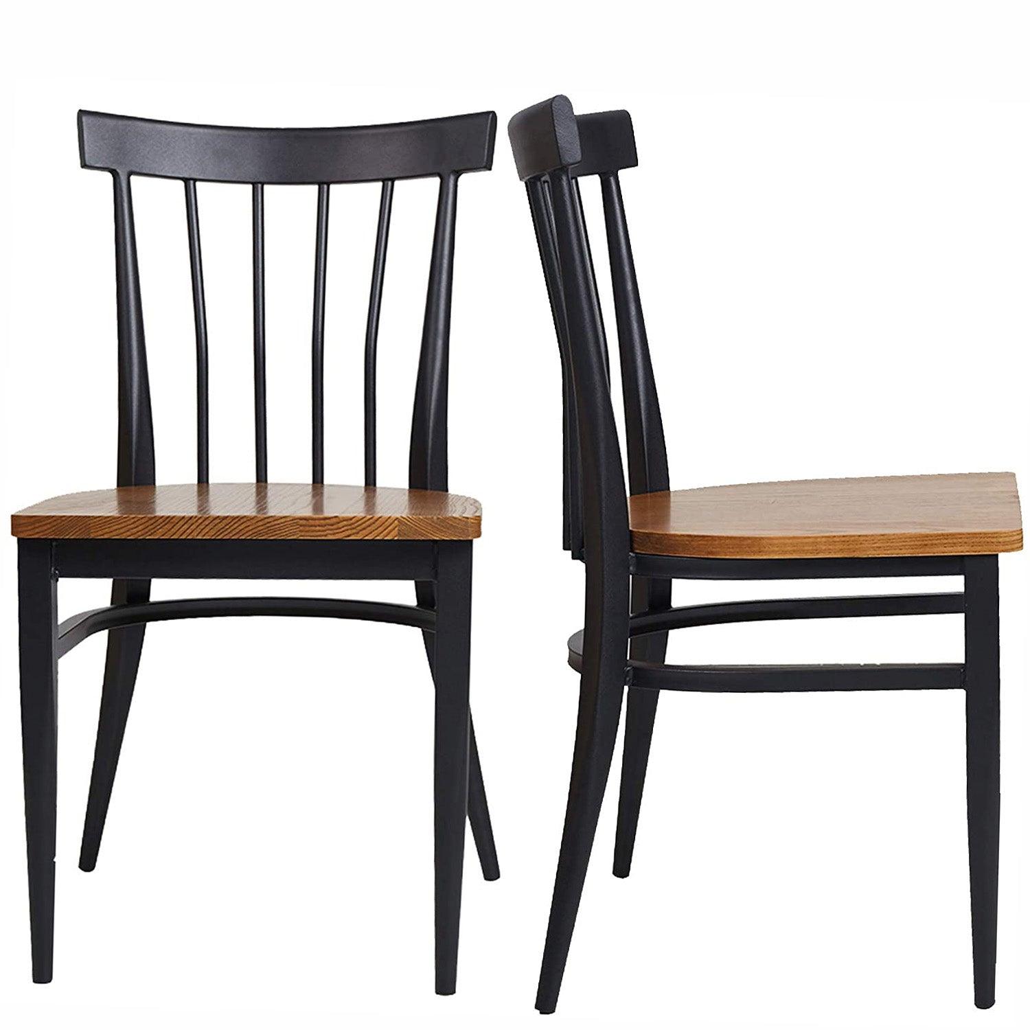 LUCKYERMORE Set of 2 Dining Side Chairs Natural Wood Seat Iron Frame Simple Kitchen Restaurant Chairs, Comb Back