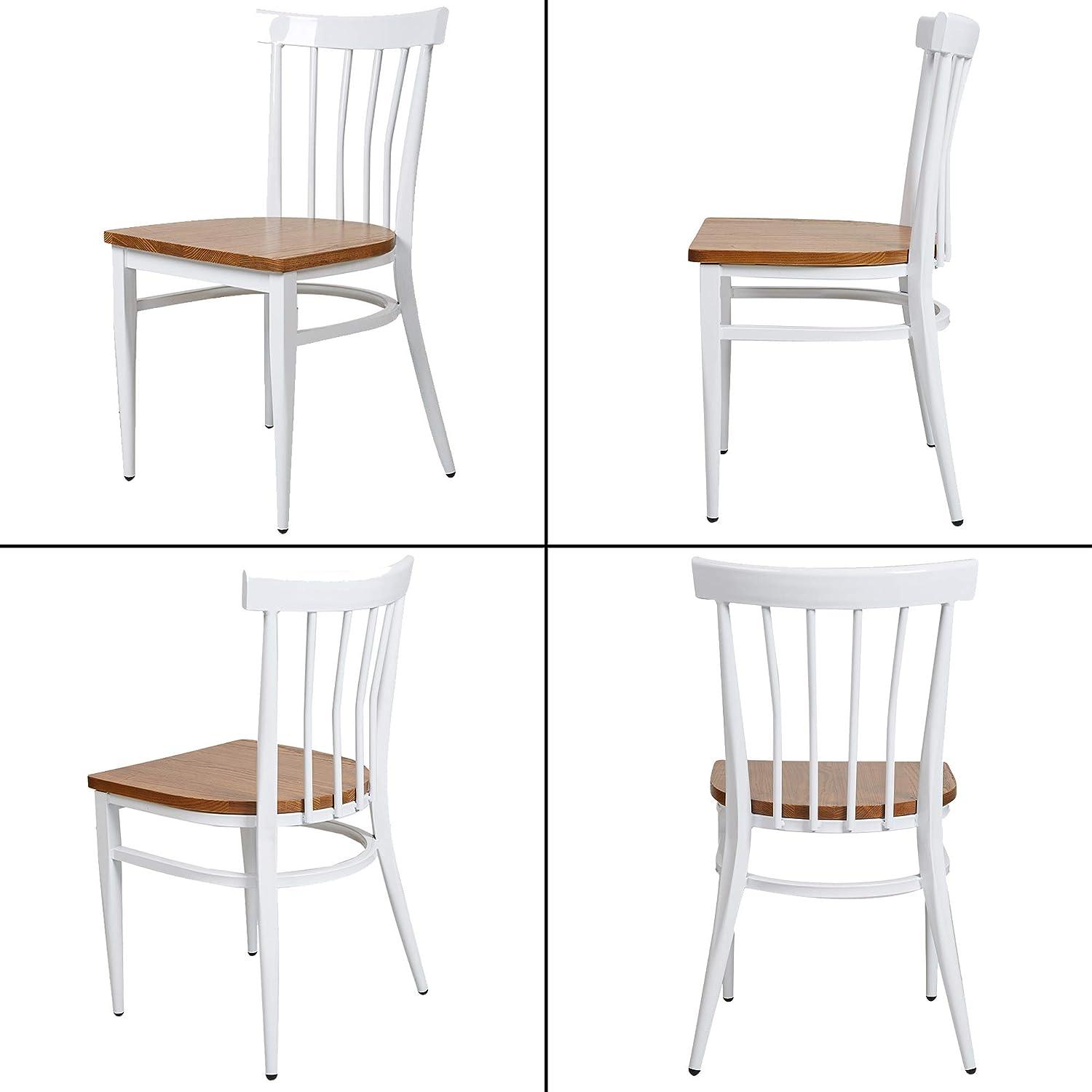 LUCKYERMORE Set of 2 Dining Side Chairs Natural Wood Seat Iron Frame Kitchen Restaurant Chairs, Comb Back White