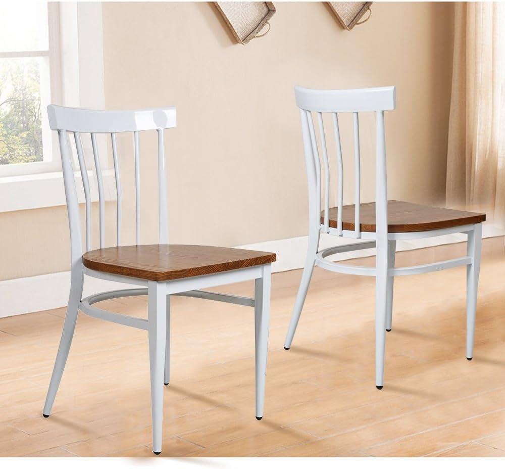 LUCKYERMORE Set of 2 Dining Side Chairs Natural Wood Seat Iron Frame Kitchen Restaurant Chairs, Comb Back White