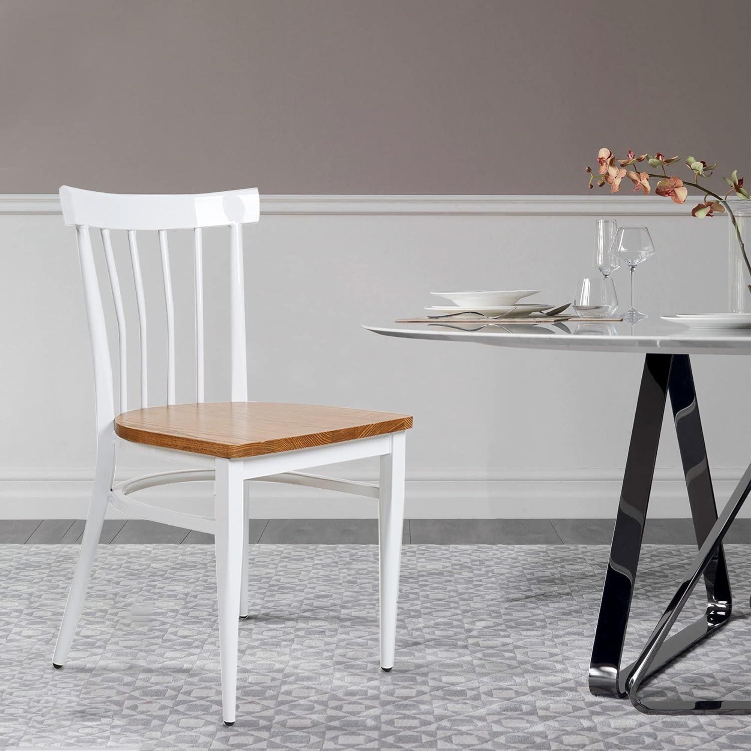 LUCKYERMORE Set of 2 Dining Side Chairs Natural Wood Seat Iron Frame Kitchen Restaurant Chairs, Comb Back, White