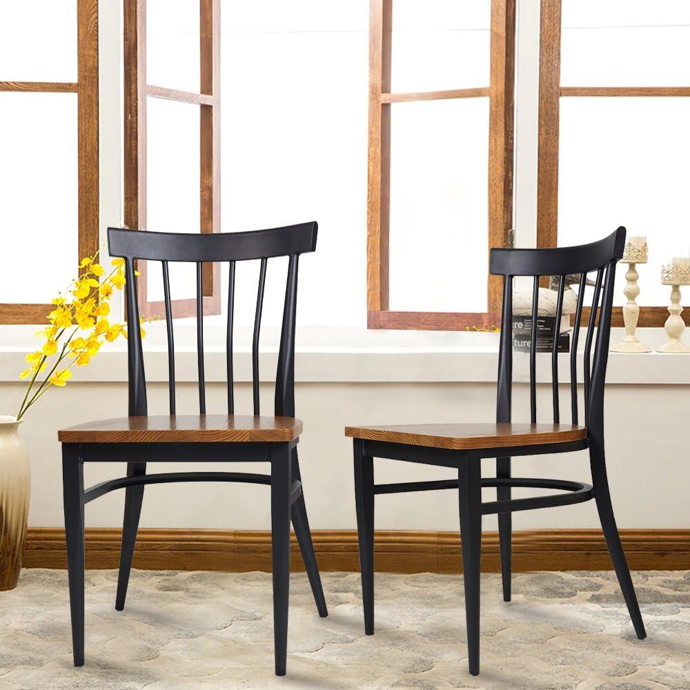 LUCKYERMORE Set of 2 Dining Side Chairs Natural Wood Seat Iron Frame Simple Kitchen Restaurant Chairs, Comb Back