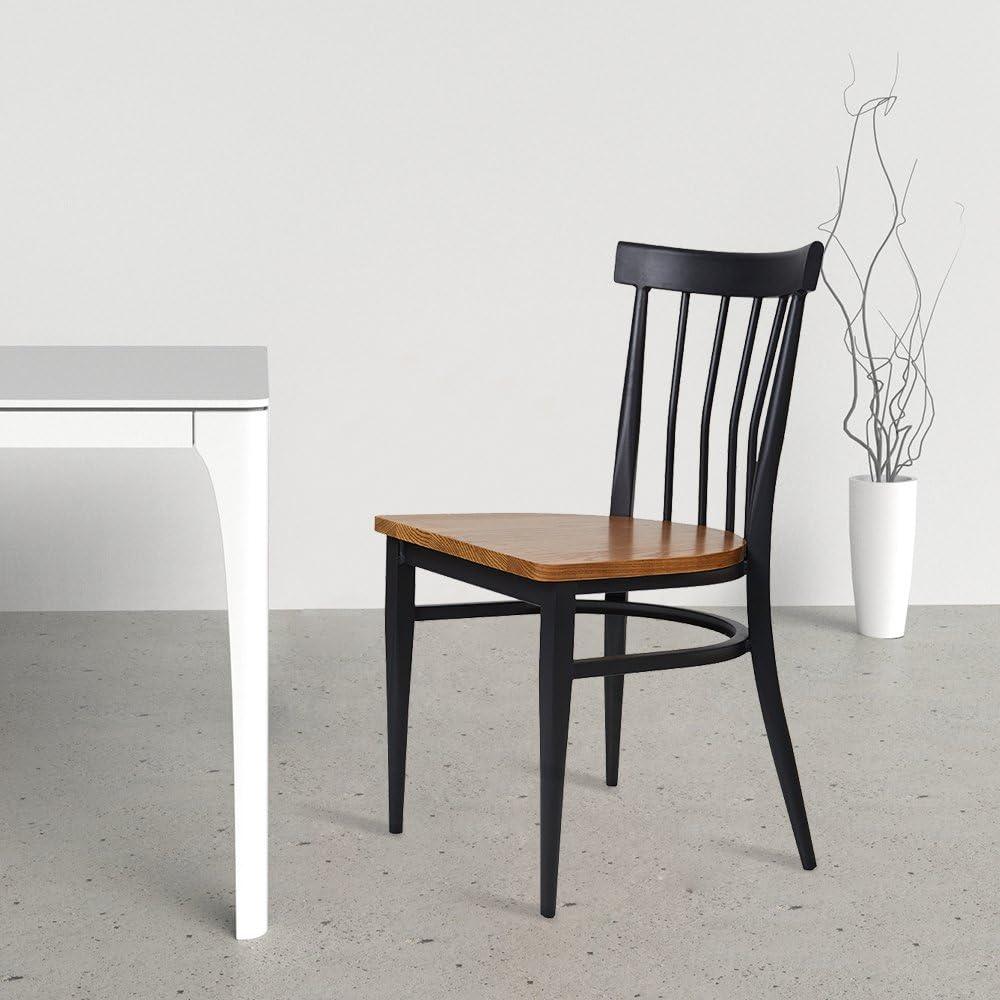 LUCKYERMORE Set of 2 Dining Side Chairs Natural Wood Seat Iron Frame Simple Kitchen Restaurant Chairs, Comb Back