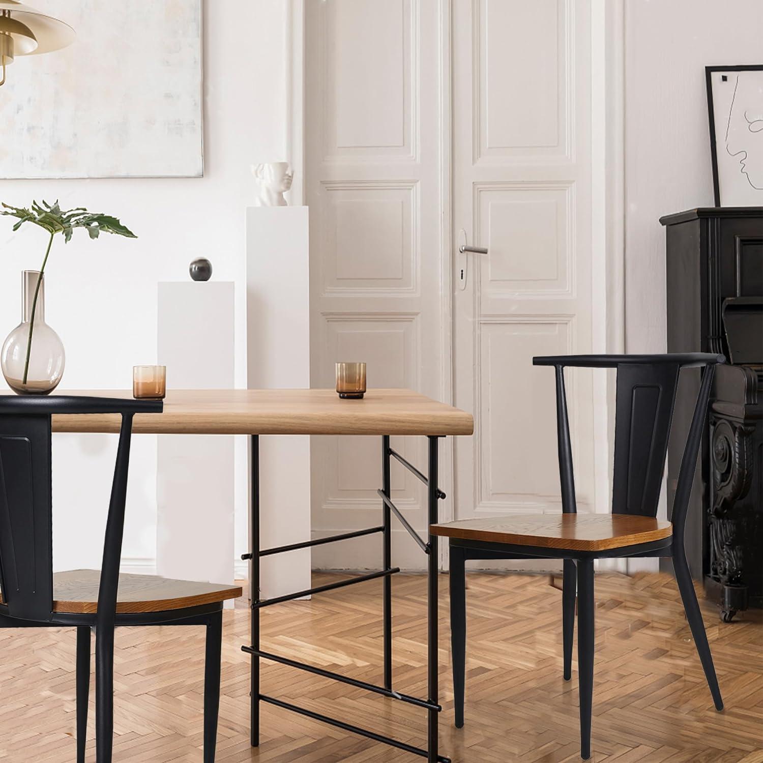 LUCKYERMORE Set of 2 Dining Chairs Seating with Back, Wood Seat & Metal Frame Restaurant Chairs