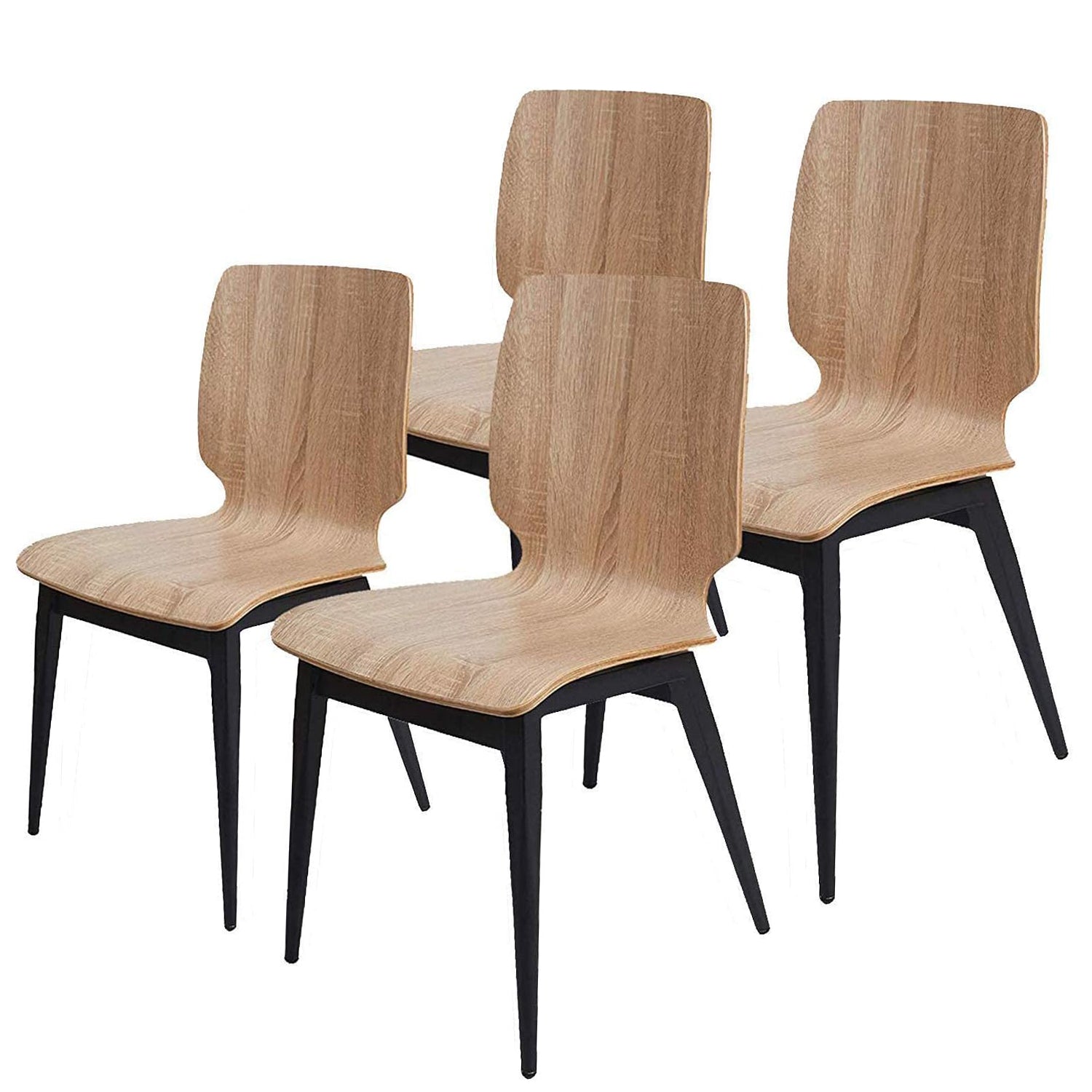 Set of 4 Modern Kitchen Chairs with Wooden Seats Metal Legs Dining Side Chair, Light Brown Curved Edge