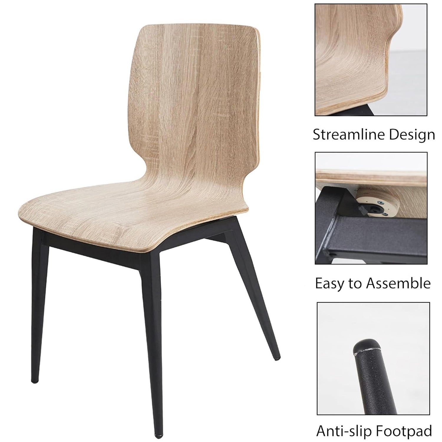 LUCKYERMORE Set of 4 Modern Kitchen Chairs with Wooden Seats Metal Legs Dining Side Chair, Light Brown Curved Edge
