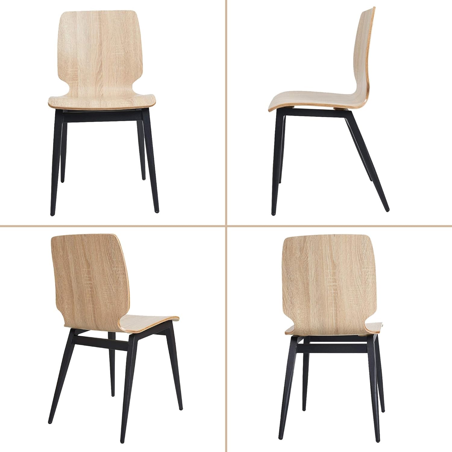 Set of 4 Modern Kitchen Chairs with Wooden Seats Metal Legs Dining Side Chair, Light Brown Curved Edge