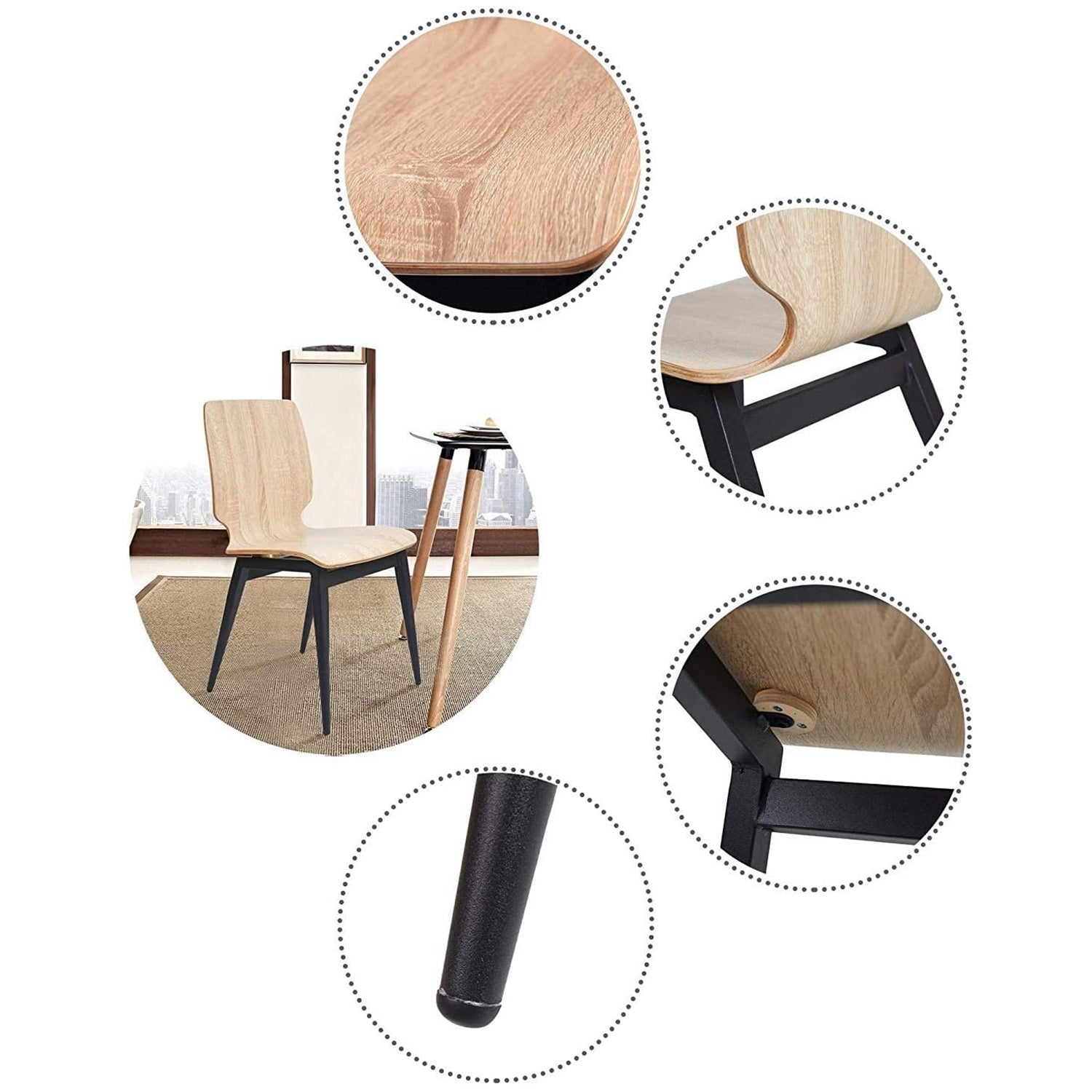 LUCKYERMORE Set of 4 Modern Kitchen Chairs with Wooden Seats Metal Legs Dining Side Chair, Light Brown Curved Edge