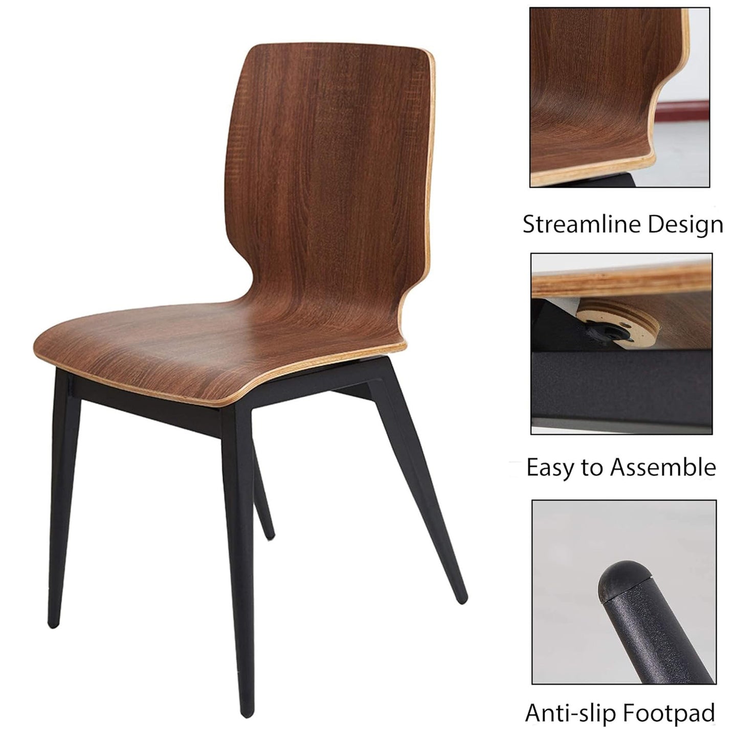 LUCKYERMORE Set of 4 Modern Kitchen Chairs with Wooden Seats Metal Legs Dining Side Chair, Brown Curved Edge